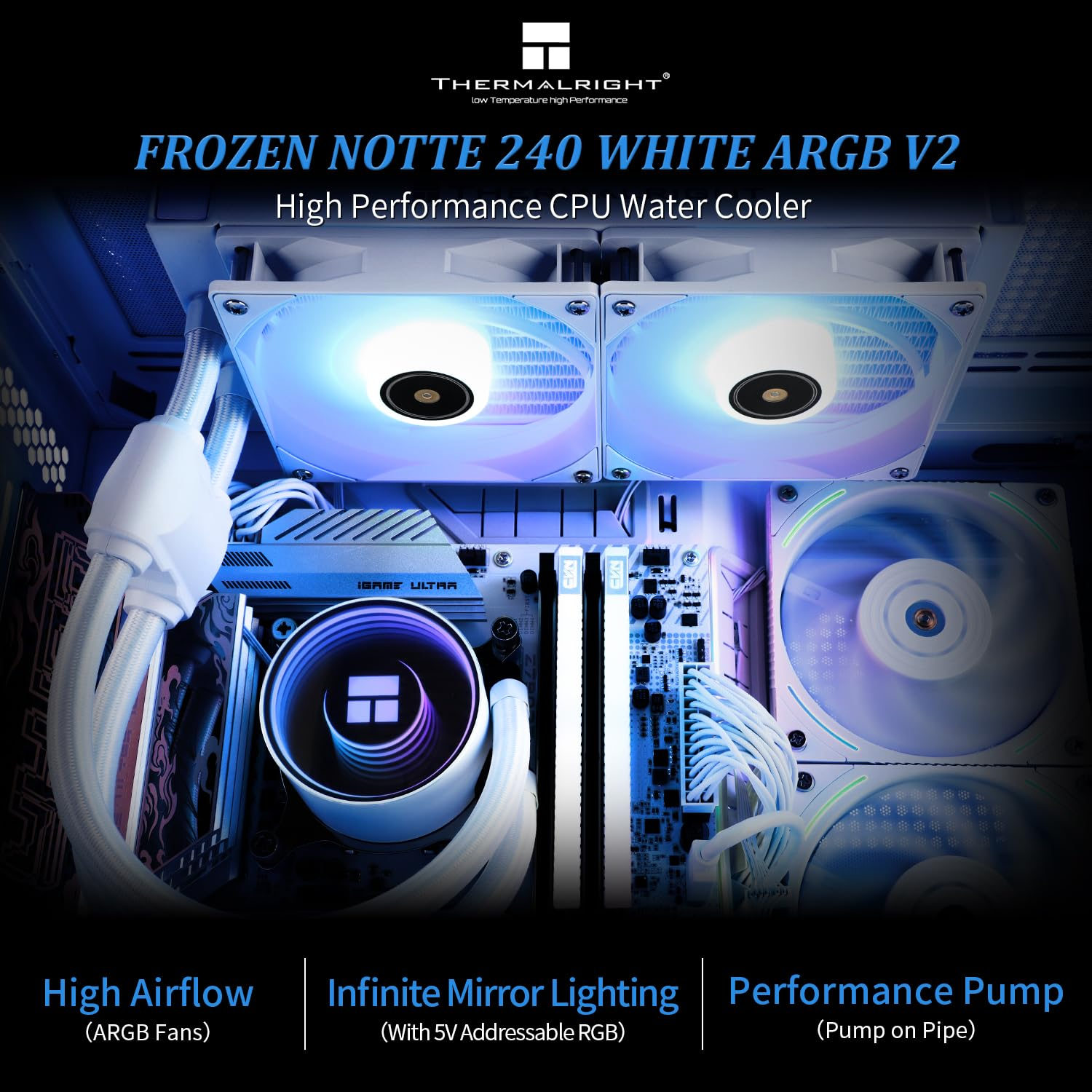 Thermalright Frozen Notte 240 White ARGB V2 PU Liquid Cooler, 240 CPU Cooling Specifications with 2 PWM CPU Fans, for AM4 /Am5,Intel Lga 115X/1200/2011/1851/1700, High-Performance Heatsink Radiator image number 4