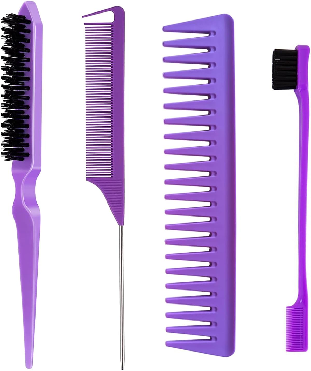 Hair Styling Comb Set 3PCS, Teasing Hair Brush, Rat Tail Comb Edge Brush, Hair Tail Tools for Women Girls Kids Braiding Backcombing Styling (Purple)