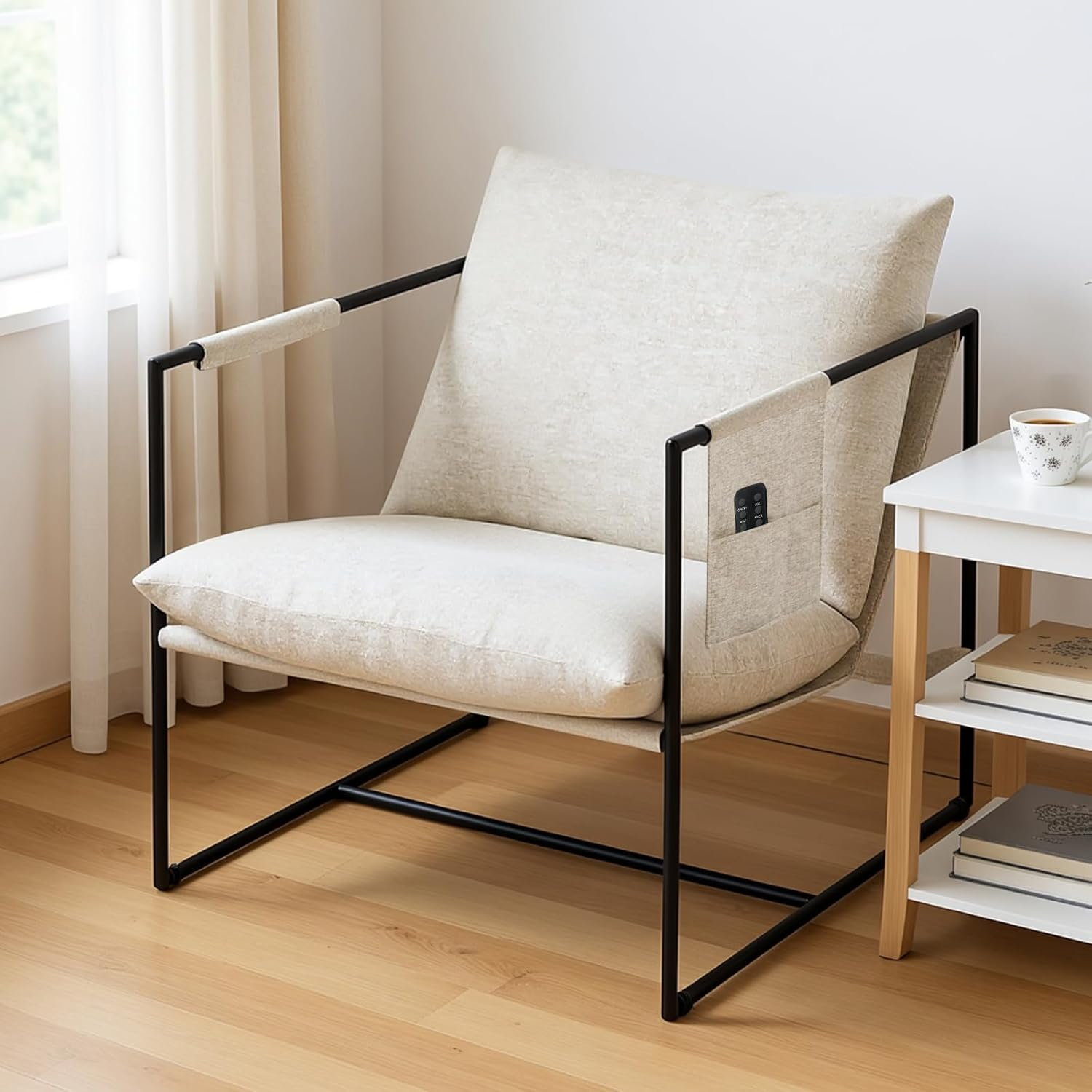 Advwin Sling Accent Chair, Linen Lounge Chair Armchair with 2 Upholstered Cushions, Modern Comfy Living Room Chair with Metal Frame and Side Pocket Beige