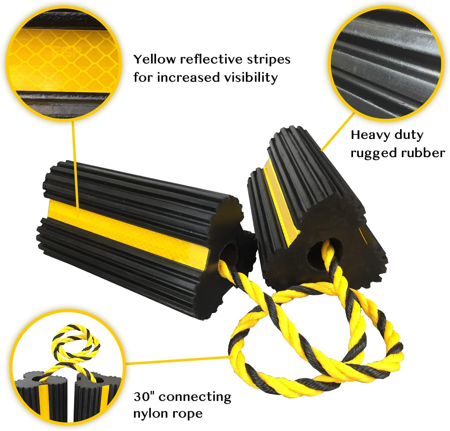 Heavy Duty Rubber Dual Wheel Chocks Front and Back, RV Leveling Blocks Non Slip Base with Nylon Rope Yellow Reflective Tape for Travel Trailers, Car, Camper, Truck 1 Pair