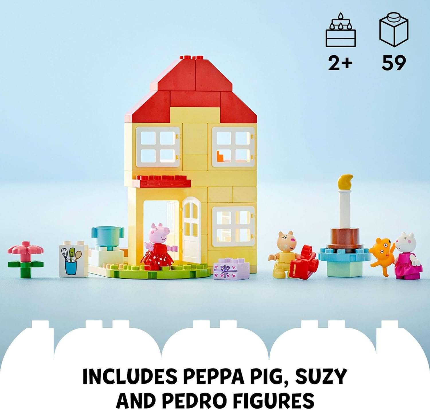 LEGO DUPLO Peppa Pig Birthday House Playset, Toddler Learning Toy for 2 plus Year Old Girls and Boys, Kids Toy Three Figures, Including Pedro Pony and Suzy Sheep, plus Peppa'S Teddy, Family Fun 10433 image number 3