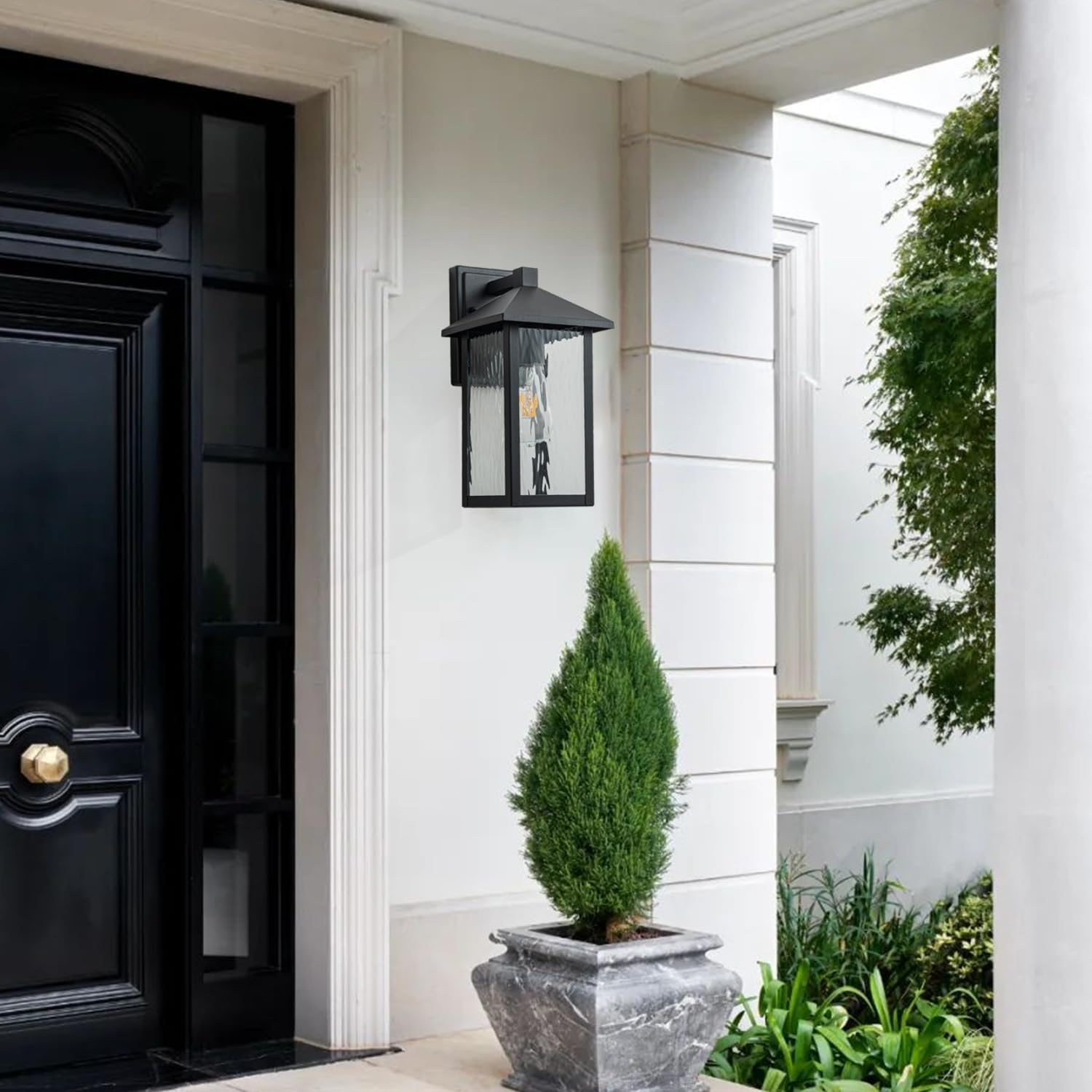 FTL Outdoor Wall Light Fixture, E27 Exterior Wall Light, Modern outside Porch Light with Water-Rippled Glass, IP44 Waterproof Outdoor Wall Sconce Lamp for Garden, House, Garage, Matte Black image number 4