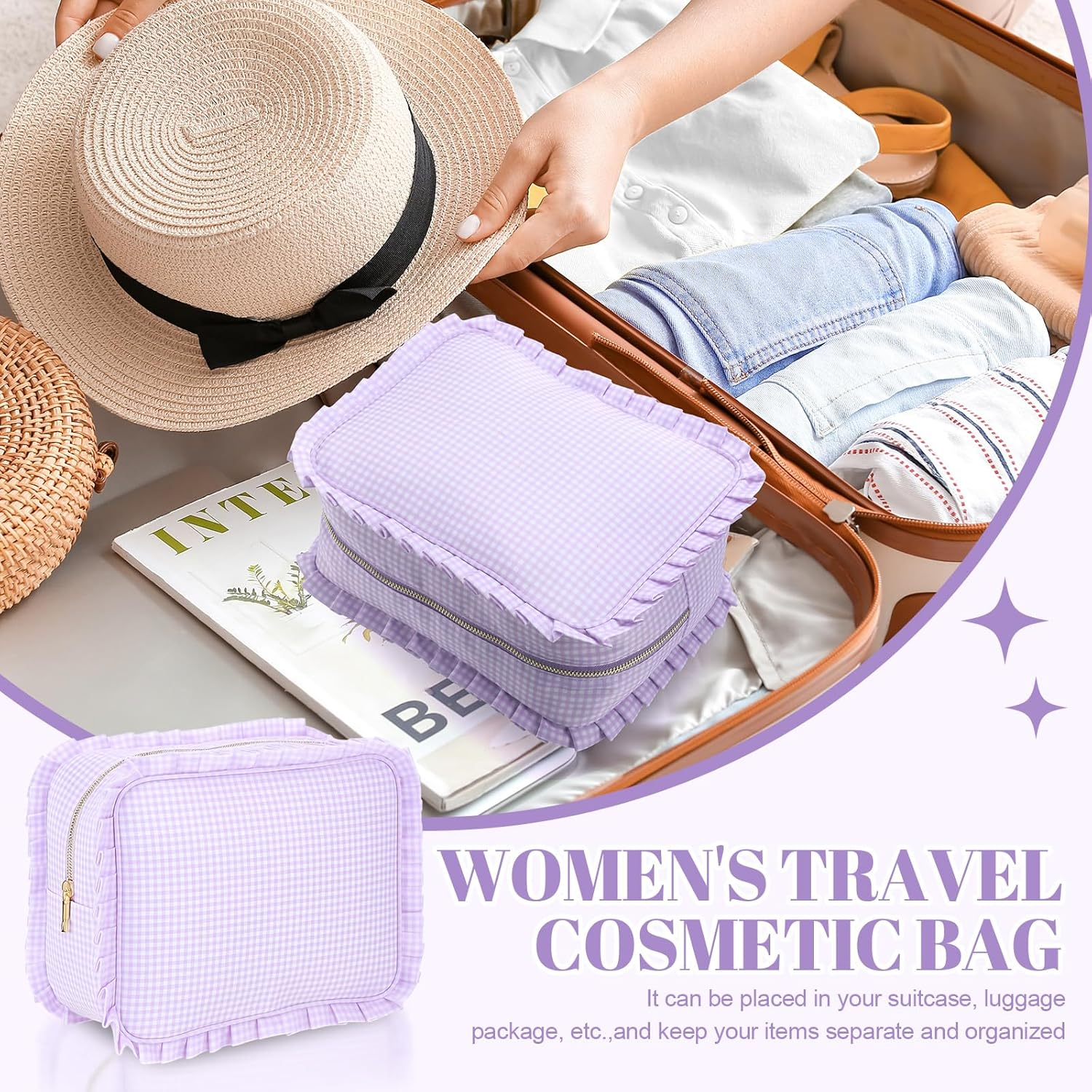 Siltriangle Gingham Ruffle Makeup Bag Large Travel Cute Checkered Cosmetic Toiletry Bag with Zipper for Women Girls, Toiletry Pouch Make up Organizer Gift, Purple image number 4