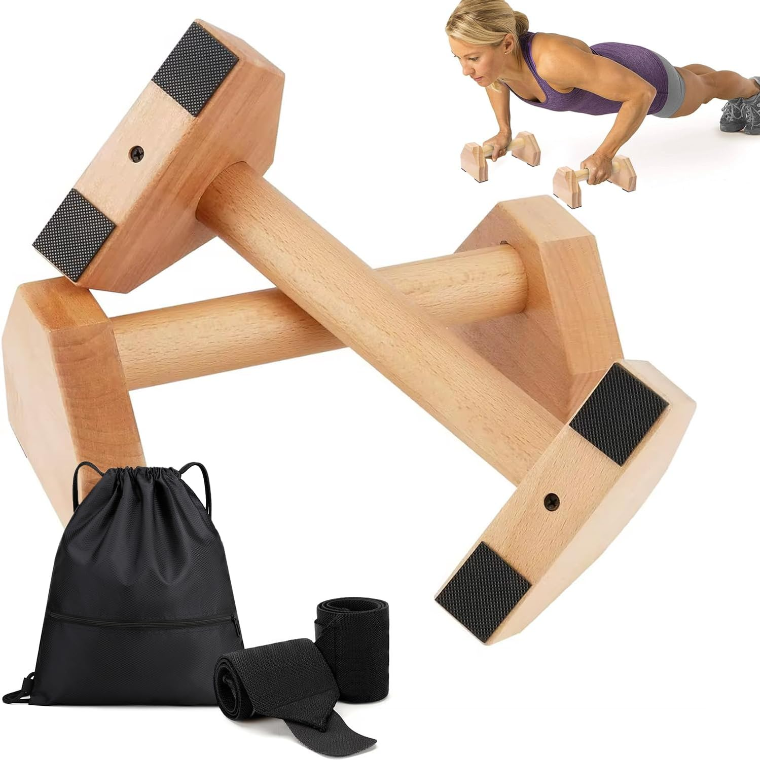 Push up Bars for Floor &ndash; Wooden Parallettes Bars Calisthenics Equipment, &ndash; Solid Pine Wood Parallel Bars for Handstand, Pushups, Dips. Wrist Wraps Included, Bonus Carry Case and Ebook - Perfect for Home Gym Use image number 3