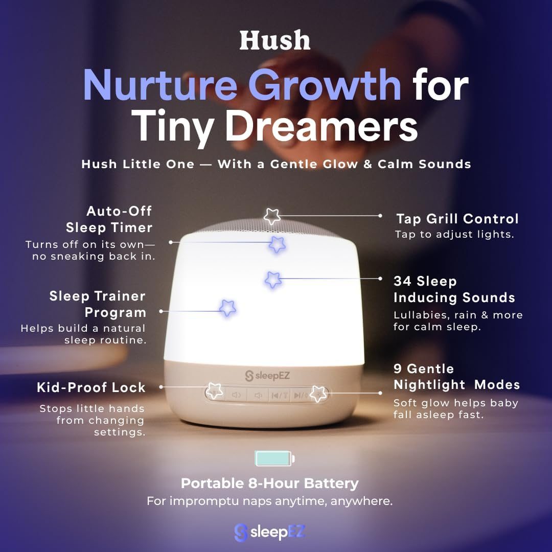Hush Light & Sound Machine | Soothes Cries, Supports Deep Sleep & Masks Household Noise | White Noise Machine & Red Night Light | Portable, App-Controlled Baby Sleep Aid for Newborns & Toddlers