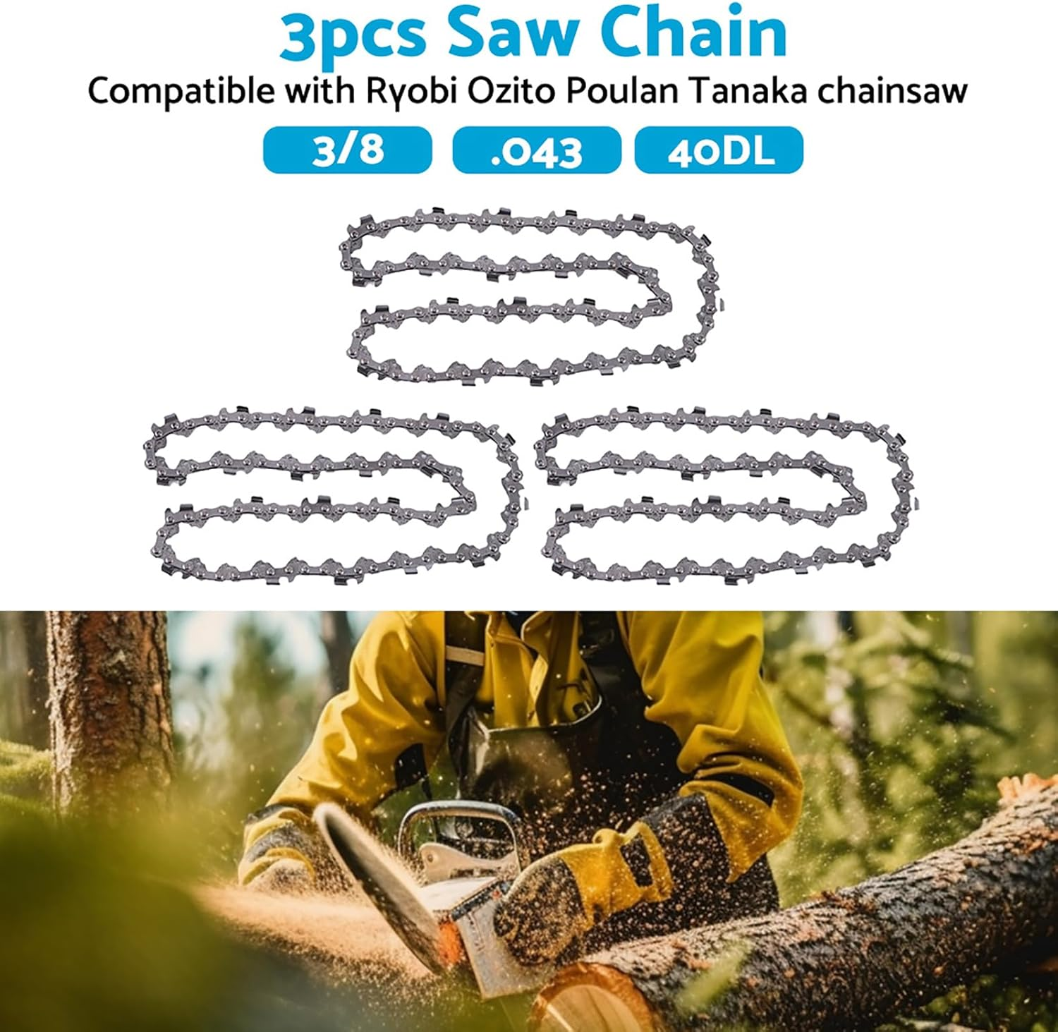 3PCS 3/8 .043 40DL Chainsaw Chains 10" Replacement Suitable for OZITO 18V OCS-018 PXCCSS-018 image number 4