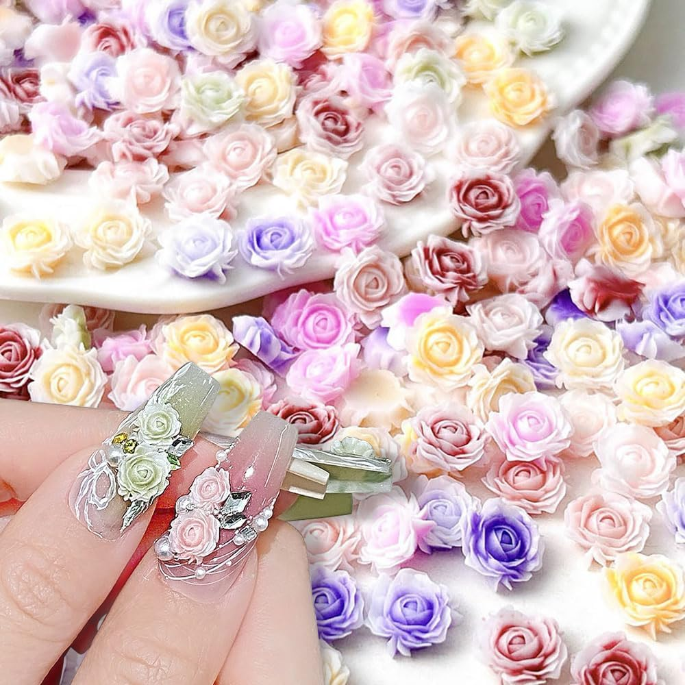 Pack of 100 Cute Flower Nail Charms, Mixed Size Flower Charms Nails Colourful Floral Nail Design Nail Charms 3D Resin Camellia Rose Flower Nail Decoration Nail Art Charms for Women Nail Art image number 3
