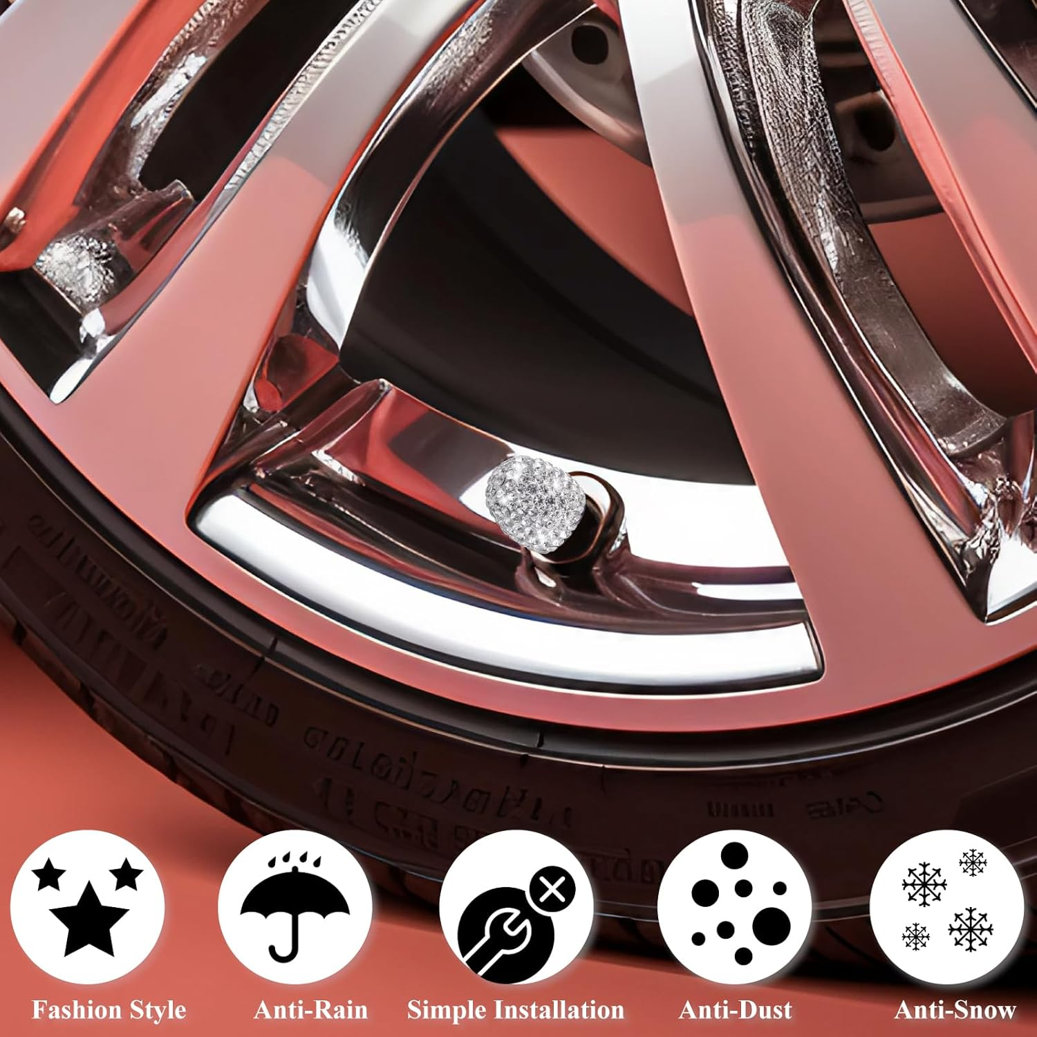 MEAJOO 4PCS Bling Crystal Diamond Tire Stem Valve Caps, Dustproof Car Wheel Tire Valve Caps Universal Tire Valve Stem Covers for Cars, SUV, Trucks, Bikes, Motorcycles, Bicycles (White) image number 3