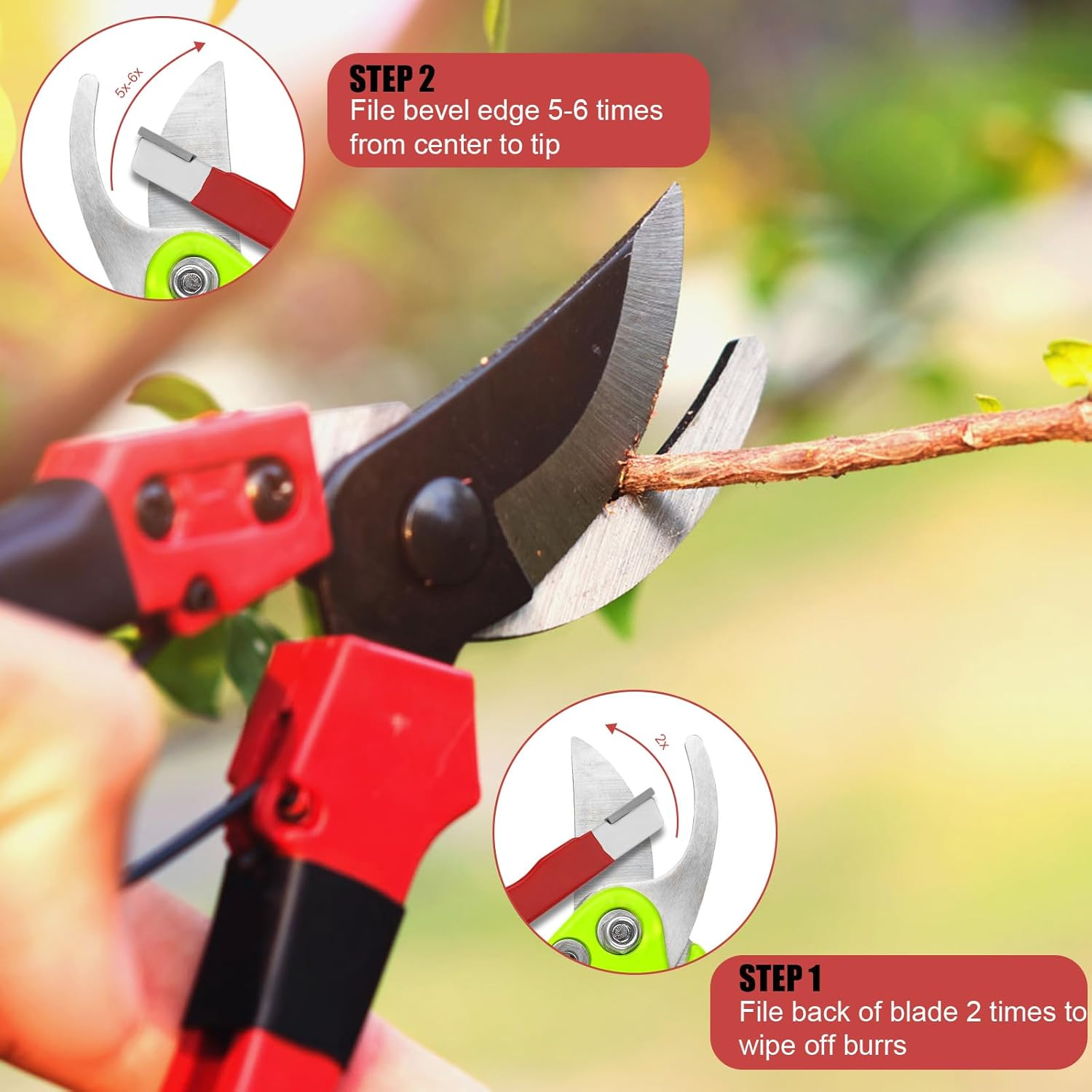 2 Pieces Gardening Tool Sharpener, Multi-Use Sharpener Portable Pocket Blade Sharpener for Pruning Shears Axes Sickles Fence Shears (Black and Red) image number 2