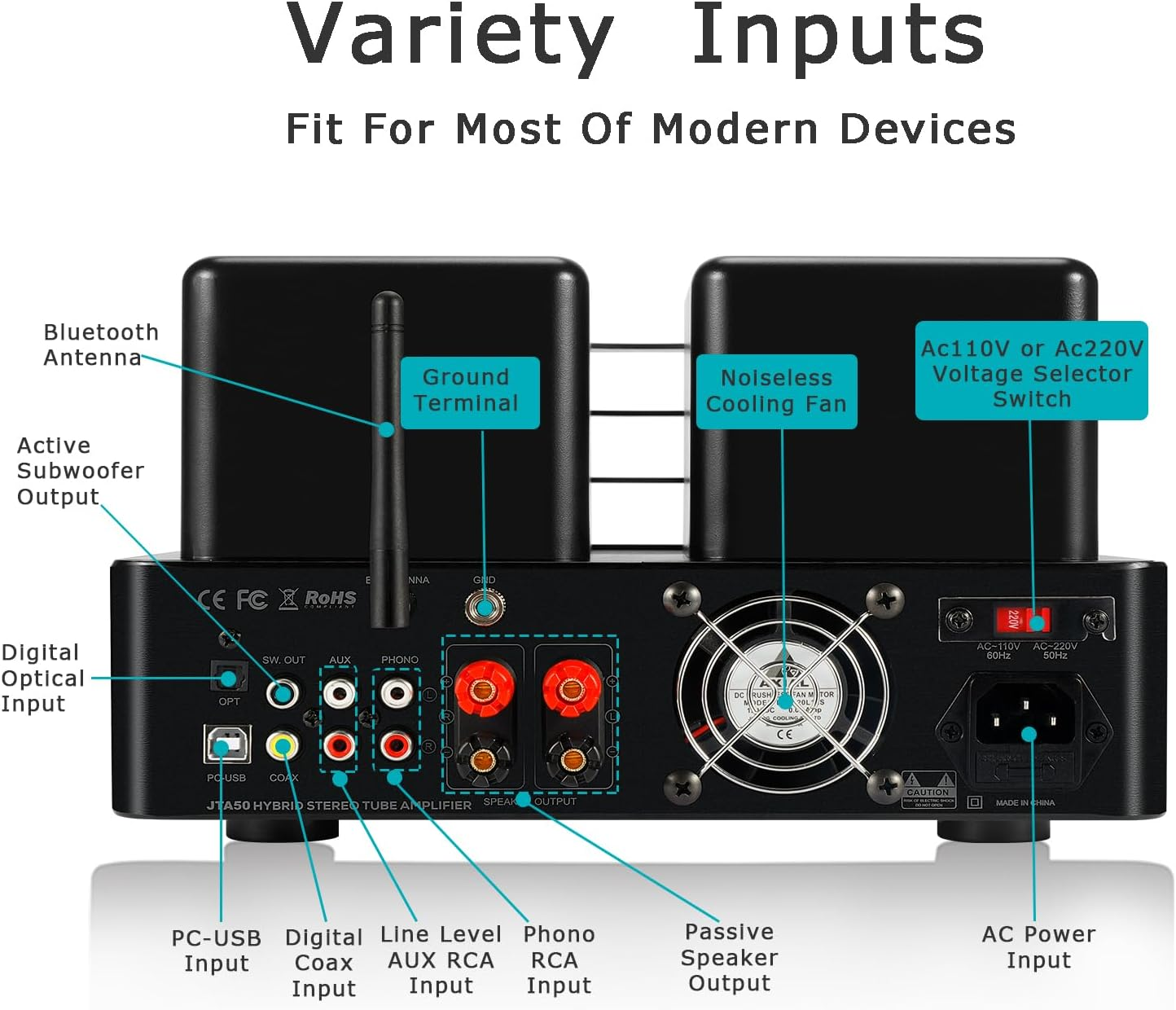Juson Audio JTA50 Tube Amplifier Entry-Level Hifi Amp with BT 5.0, Remote,Aux,Coax, Phono and USB In,Subwoofer Out,2.1Ch for Turntable