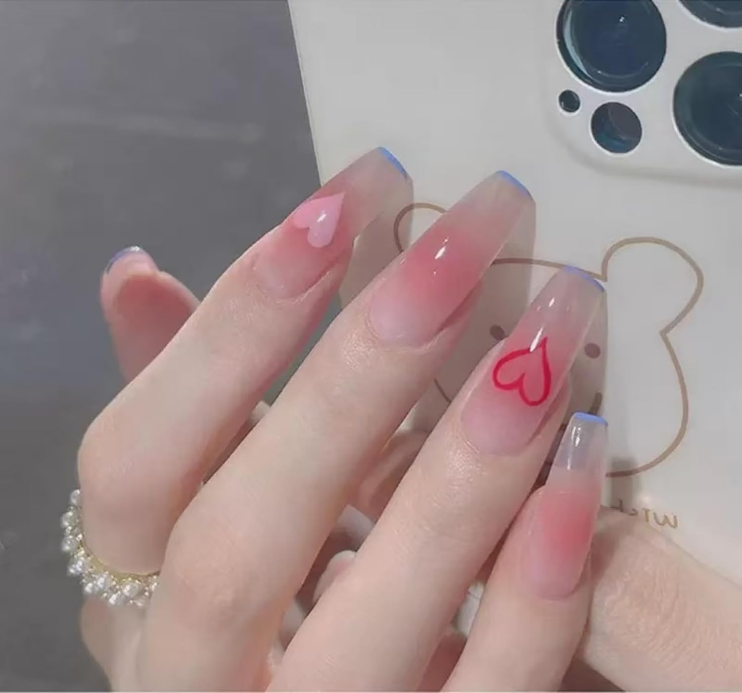 KAVI' S 24Pcs French Tip Stick on Nails Coffin Medium Long Press on Nails Nude Gradient Glitter Fake Nails Ballerina Acrylic False Nails Jerry Glue for Women Girls Nail Art (Peach Heart) image number 1