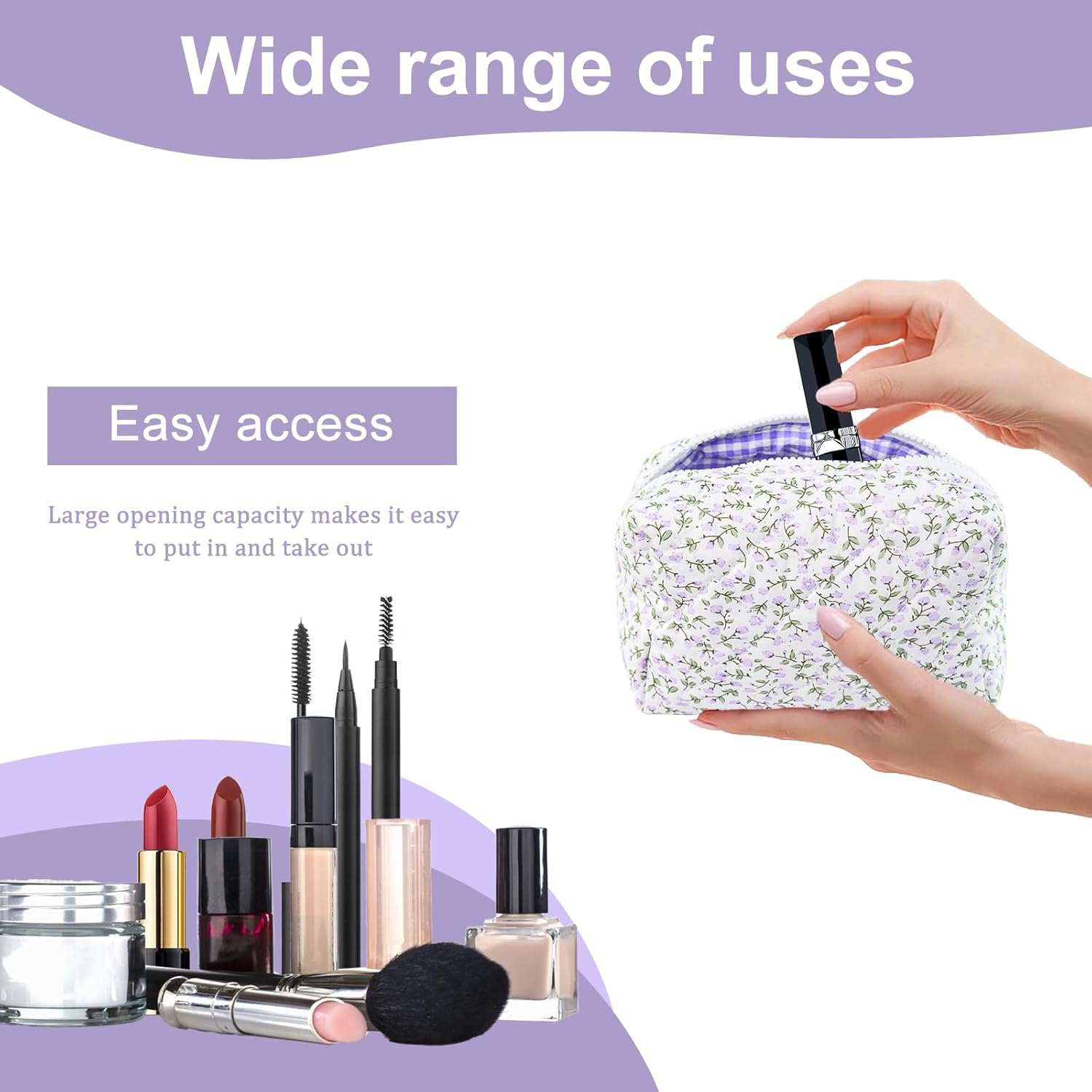LUHOCIY Cosmetic Bag Flowers, Quilted Cosmetic Bag, Make up Bag, Made of Soft Cotton Material with Zip for Holding Various Make-Up Utensils, Purple, in a Sweet and Fresh Morandi image number 1