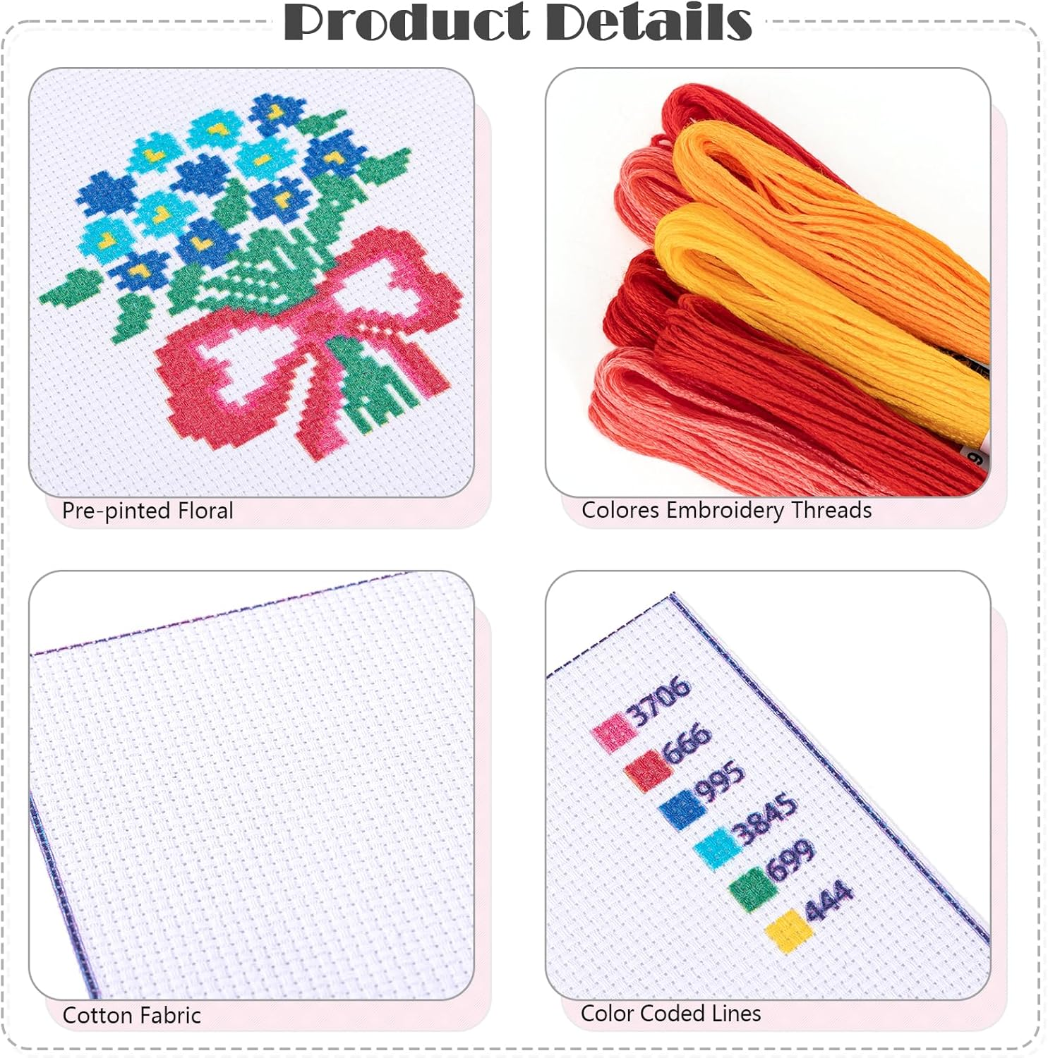 JSRQT 6Pcs Flower Cross Stitch Starter Kit for Beginners, DIY Art Sewing Embroidery Kit for Adults and Kids, Needlepoint Embroidery Kit with 2 Embroidery Hoop for Craft Lovers Embroidery Supplies image number 3