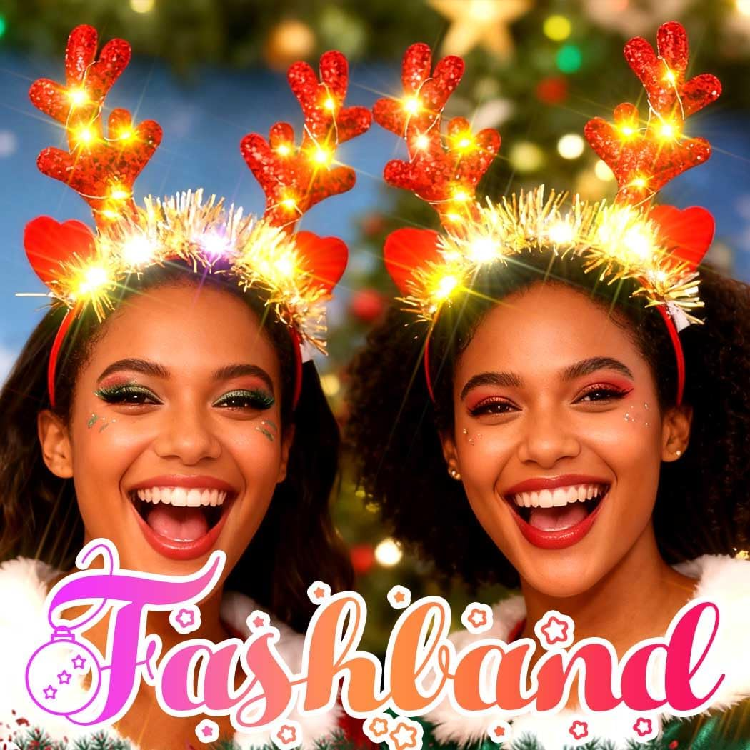 Fashband Christimas Headbands Deer Ears Headband Glitter Headpiece Hair Hoops for Adults Kids Christmas Party(Red) image number 5