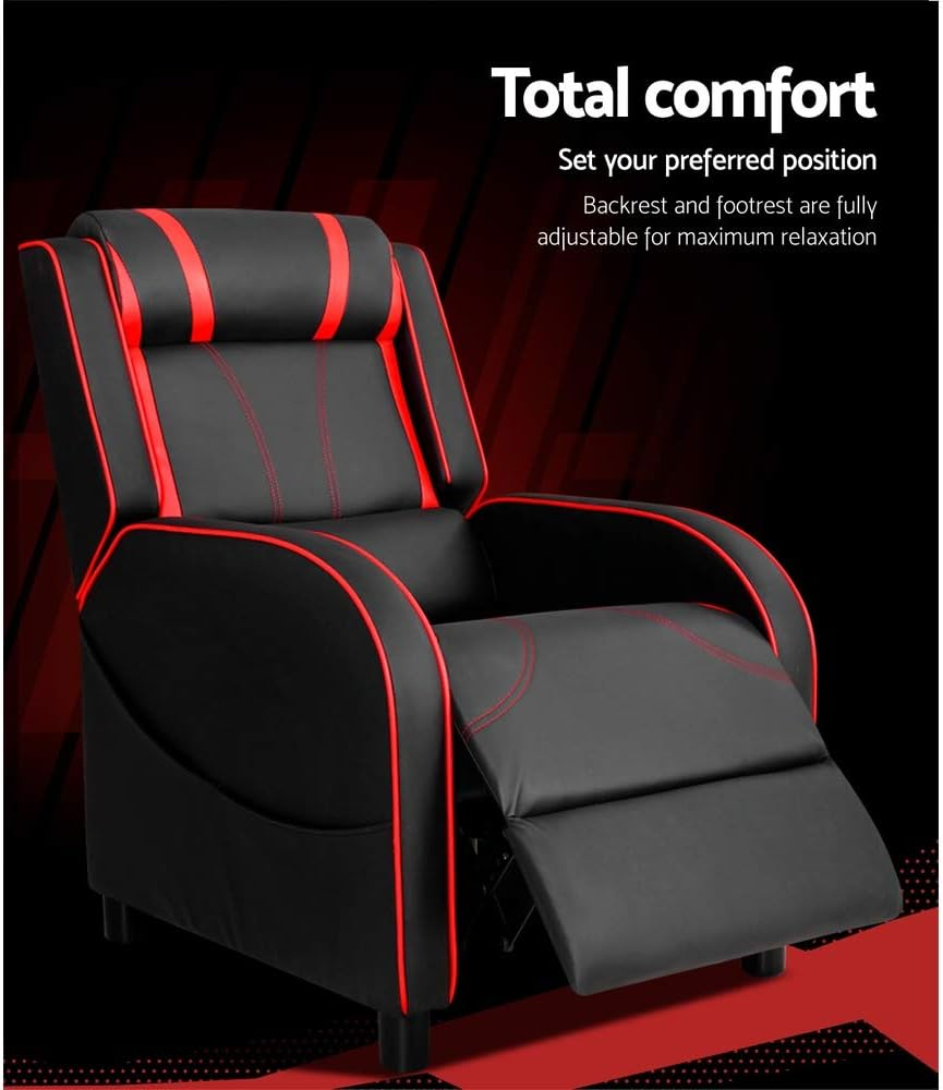 Artiss Recliner Chair PU Leather Gaming Recliners Sofa with Adjustable Backrest Footrest, Black Lounge Couch Armchair with Study Steel Base，2 Side Pockets for Living Room, Bedroom image number 2