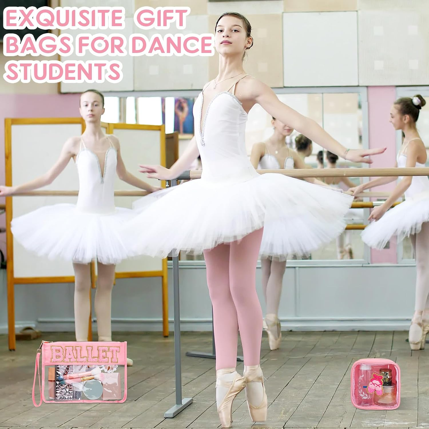 Hillban 2 Pcs Ballet Gifts Chenille Letter Bags Preppy Patch Makeup Bag Flat Clear Pouch PVC Organizer Purse Waterproof Travel Cosmetic Bag Portable Bag for Women Girl (Ballet Theme), Pink