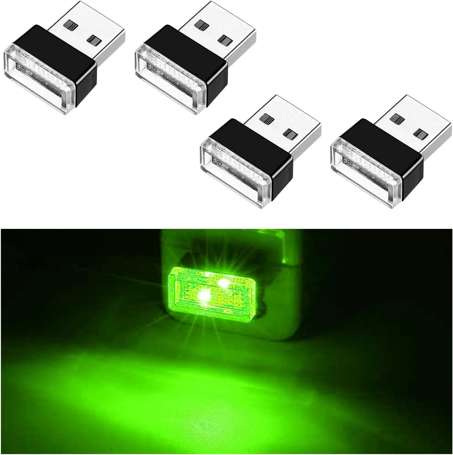 Ziciner 4 PCS USB LED Car Interior Atmosphere Lamp, Portable Mini LED Night Light, Plug-In USB Interface Trunk Ambient Lighting Kit, Universal Car Interior Accessories (Green) image number 4