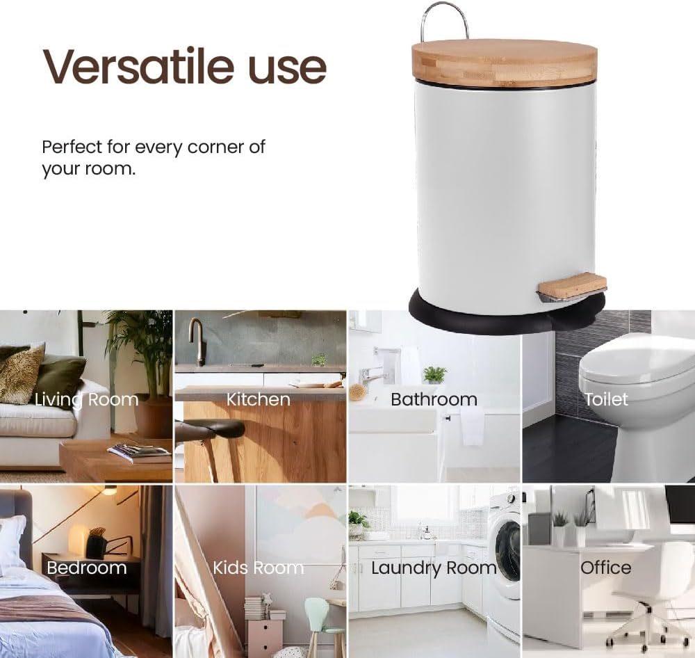 Eco Basics Rubbish Bin, White, 5 L &ndash; 100% Recycled Plastic, Bamboo & Powder-Coated Chrome, Rust-Resistant, Non-Skid Base, Soft-Close Mechanism, Compact for Bathrooms & Toilets, 28.5 X 21.5 Cm image number 1