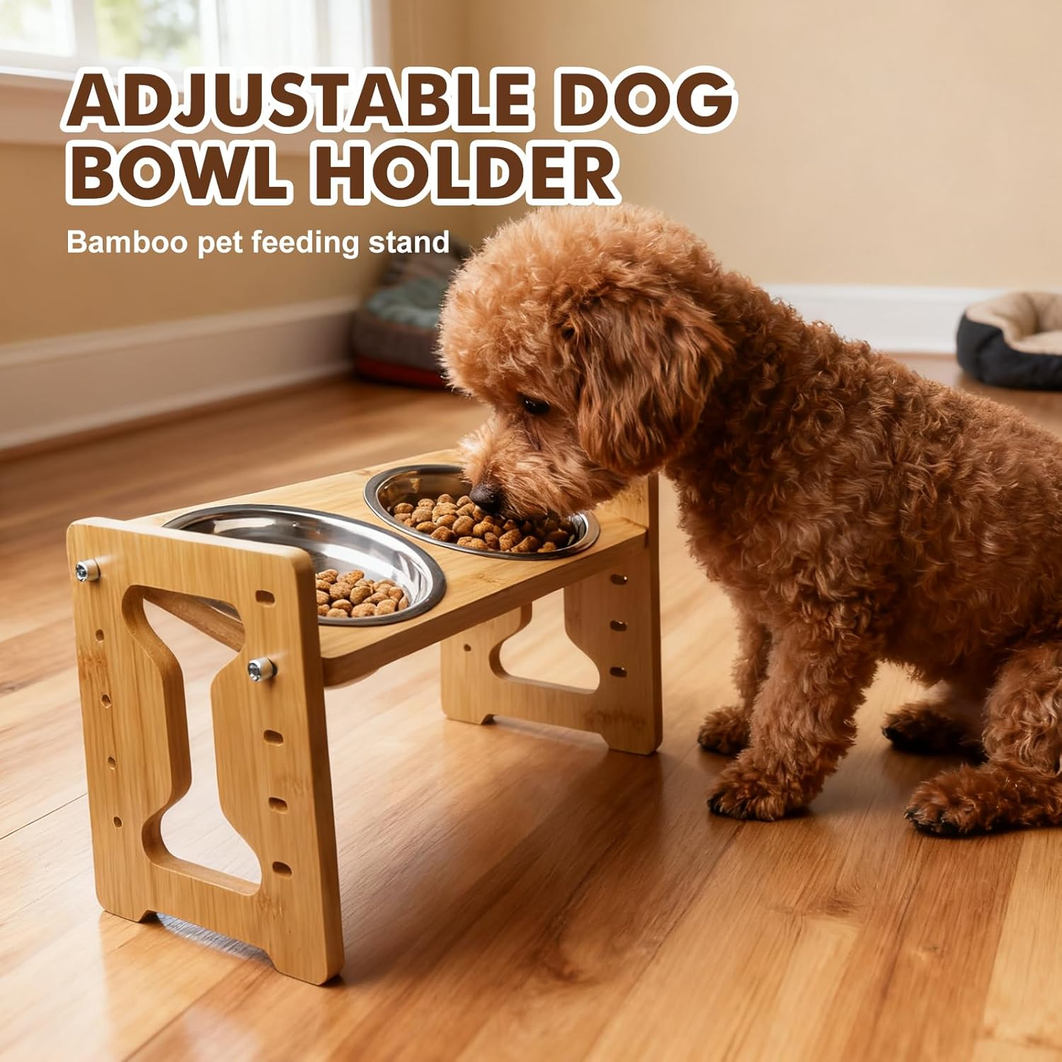 Aicharynic Raised Dog Bowl with Stand, Height Adjustable Feeding Bowl, Bamboo Feeding Station for Small Dogs and Cats, with 2 Stainless Steel Bowls image number 6