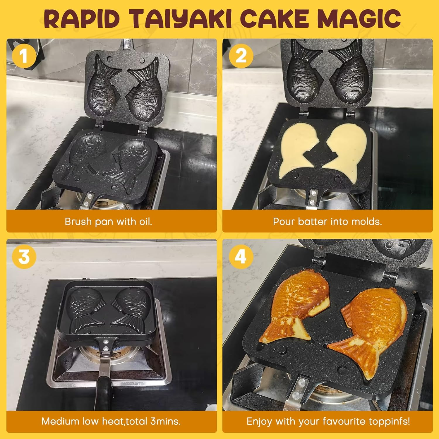 AMGSH Taiyaki Fish Shape Cake Pan Waffle Cake Maker Pan Fish-Shaped Pancake Double Pan Mold for Home Cooking with Silicone Oil Brush image number 2