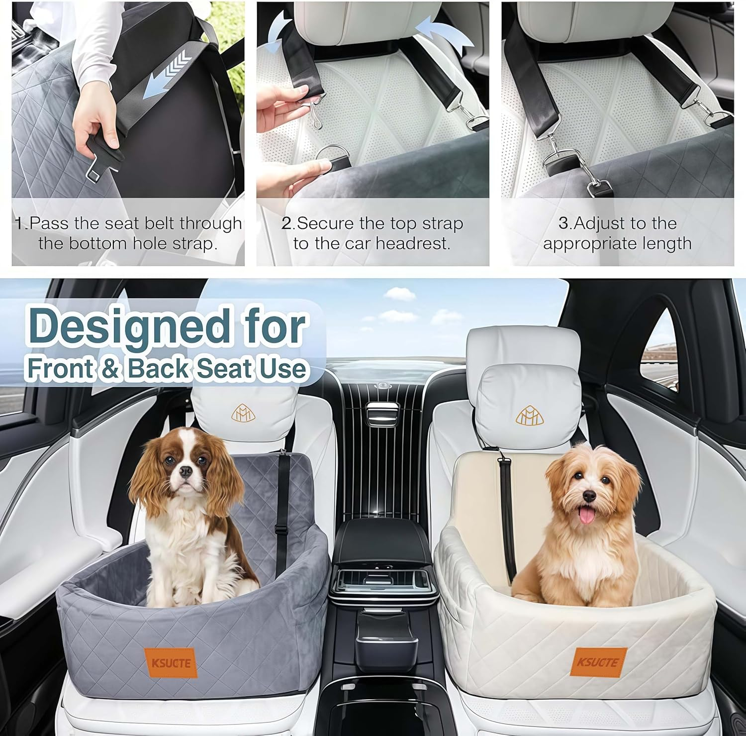 Dog Car Seat for Small Dogs under 30Lbs, Comfy Travel Bed with Washable Cover, 2 Safety Leashes & Storage Pockets, Anti-Slip Base, Easy Install for Cars & Suvs (Black/Grey, 45 * 45 * 35Cm)