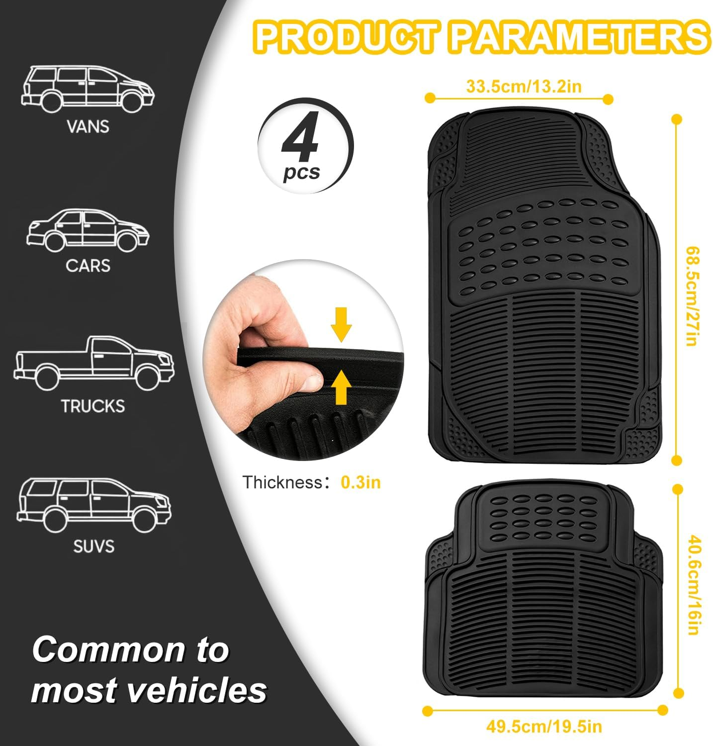 Automotive Floor Mats，4 PCS Heavy Duty Car Mats, Universal Car Mats Rubber Fit Full Set, All Weather Climaproof & Trimmable Rubber Floor Mats for Most Sedan, SUV, Truck