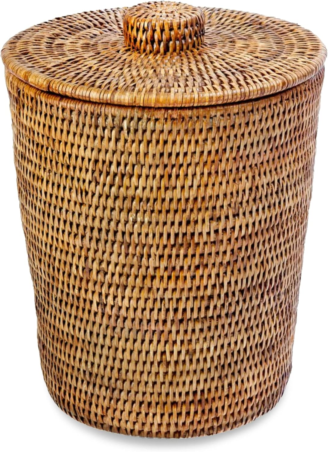 KOUBOO La Jolla Rattan round Waste Basket with Lid & Plastic Insert, 2 Gallon Woven Wastebasket for Bathroom, Kitchen, Office, Living Room, & Home Decor, Honey Brown image number 1