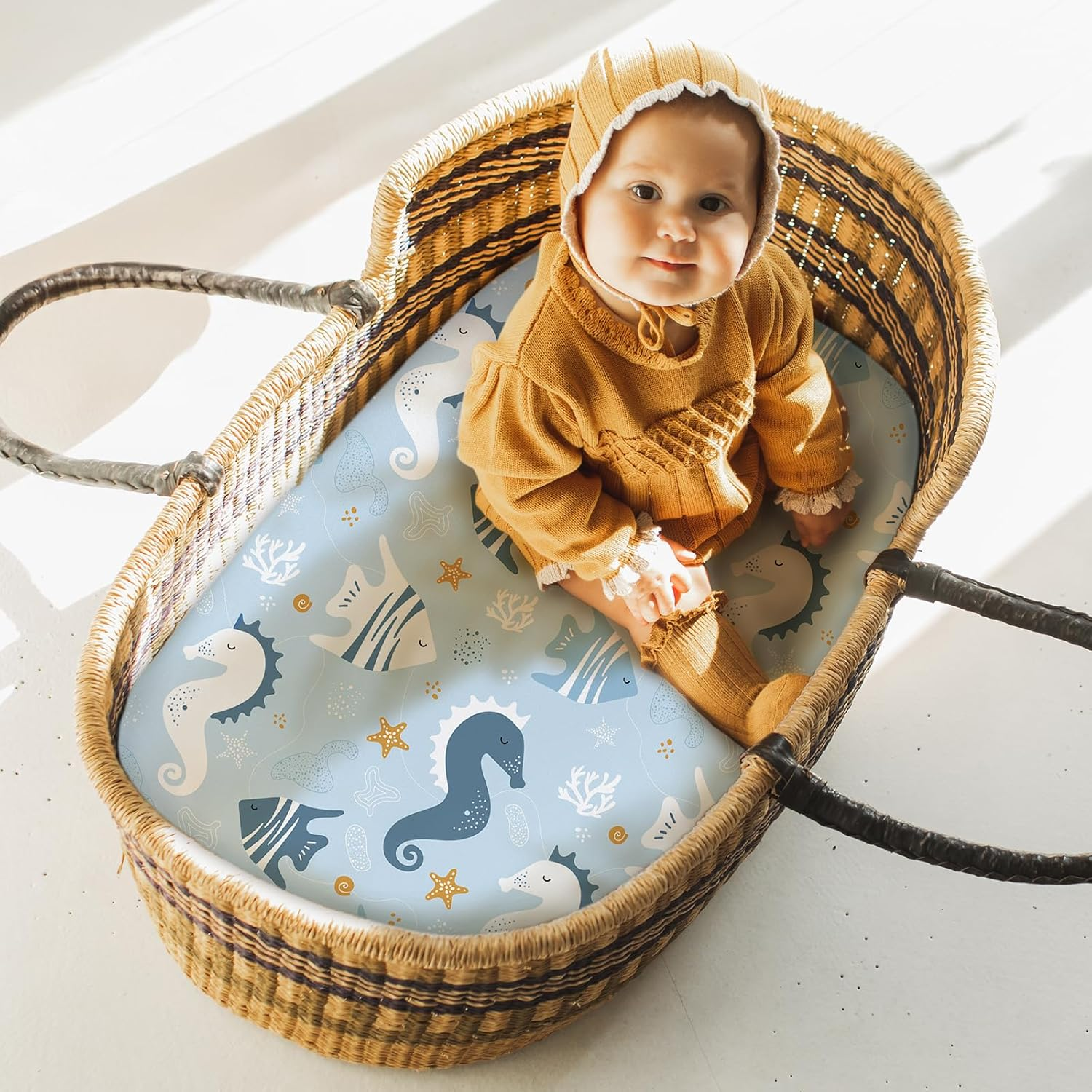 Yoofoss Bassinet Sheets Baby Girl Boy, Fitted Bassinet Sheet Set 3 Pack Universal Fit for Cradle Moses Basket Oval Rectangle round Hourglass Mattress,Soft Breathable (Blue+Seahorse) image number 3