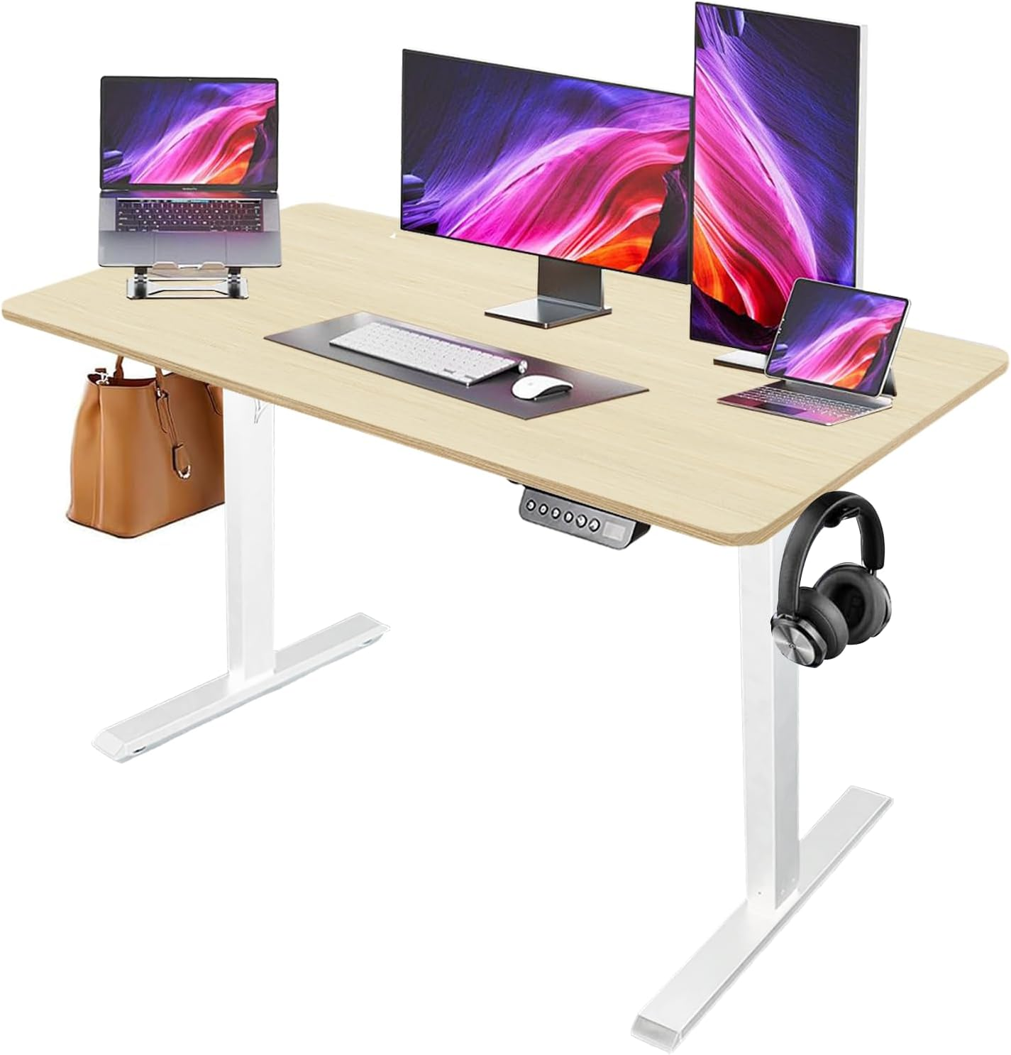 Electric Standing Desk - Motorized Height Adjustable Sit Stand Table with Touch Control Panel, Cable Management, and Headphone Hook - Ideal for Home Office (Black Frame+120Cm Brown Top)