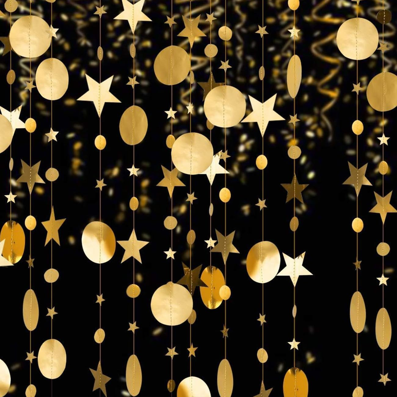 OSYLICT 52 Feet Reflective Star Dots Paper Garland,Gold Glitter Sparkling Twinkle Hanging Streamer Circle Banner for Party Birthday Wedding Anniversary Backdrop 4 Pack image number 1