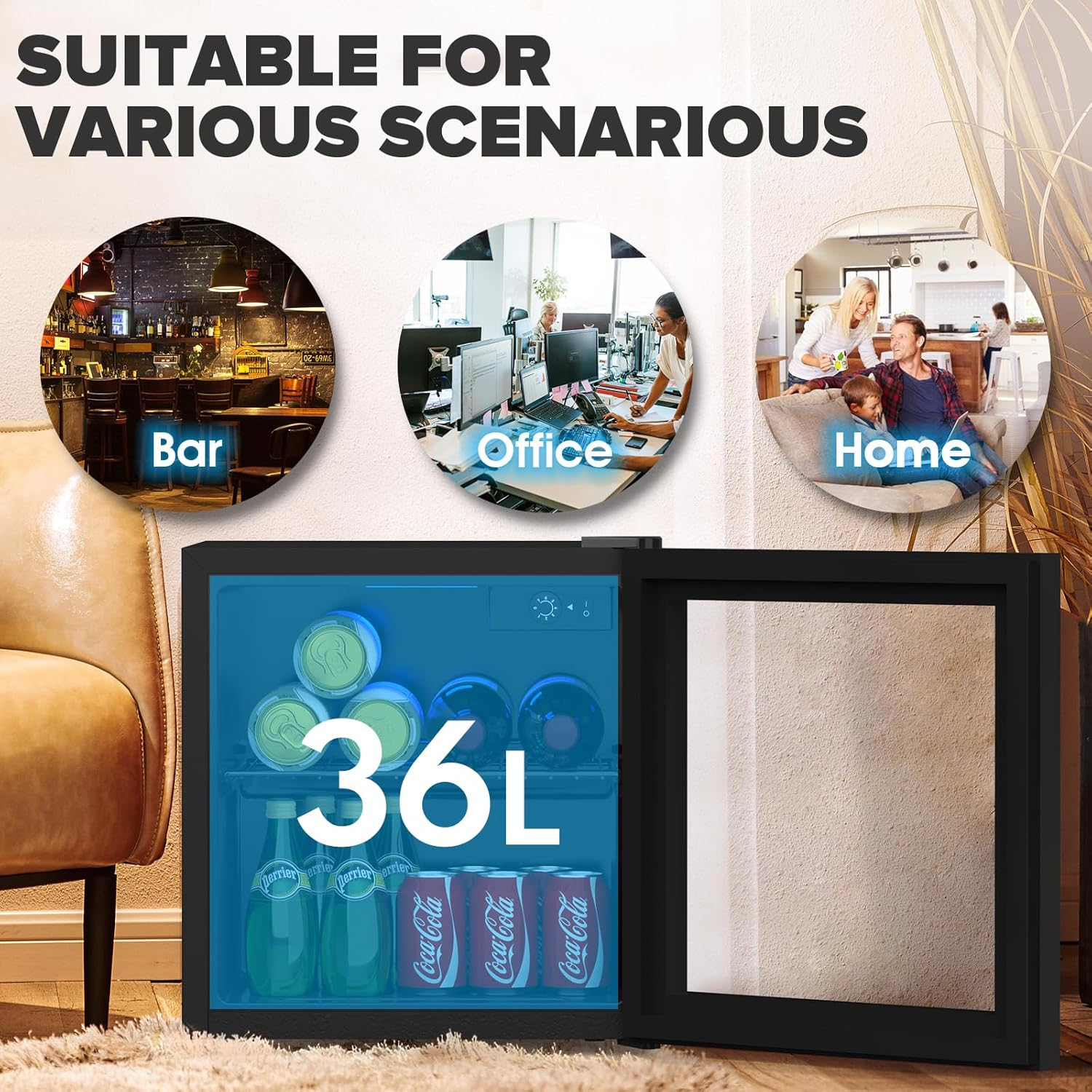 Advwin 36L Mini Bar Fridge Glass Door Mini Refrigerator Black image number 1