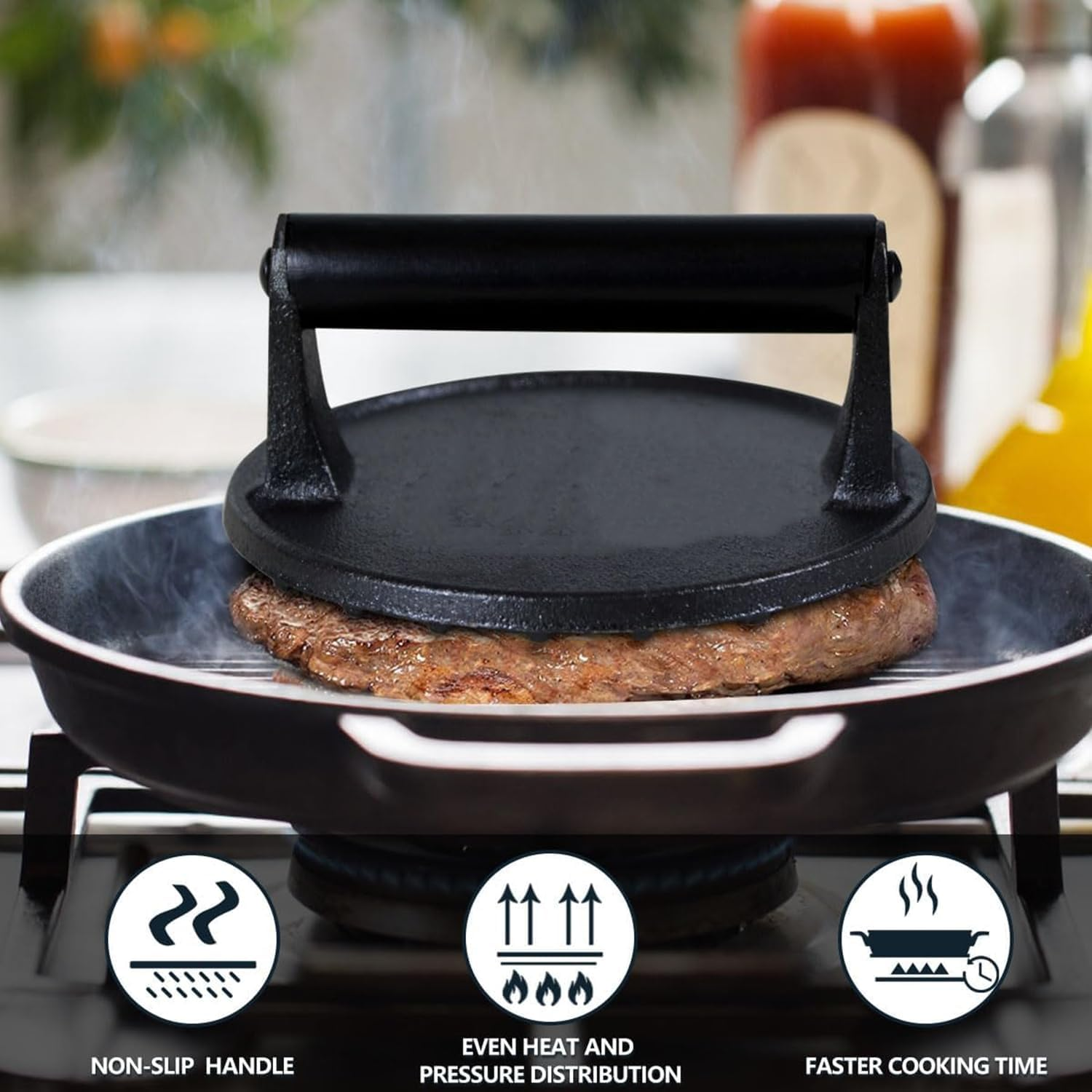 Premium Cast Iron Burger Press, Includes 100 Patty Papers, 14.5 Cm Silicone Heat Pad, Skillet with Ebony Handle Burger Grinder, Perfect Burger Press, Meat Press, Bacon Press, Sandwich Press image number 5