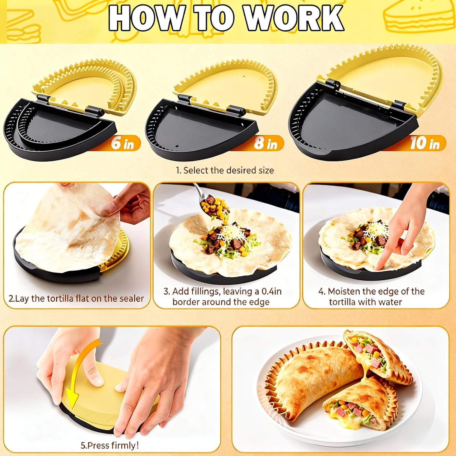 3-In-1 Tortilla Sealer & Crimper, Detachable Design for 6"-8"-10" Wraps, Bpa-Free & Dishwasher Safe - Makes Sealed Quesadillas, Tacos, Burritos, Dumplings, Sandwiches & More image number 4