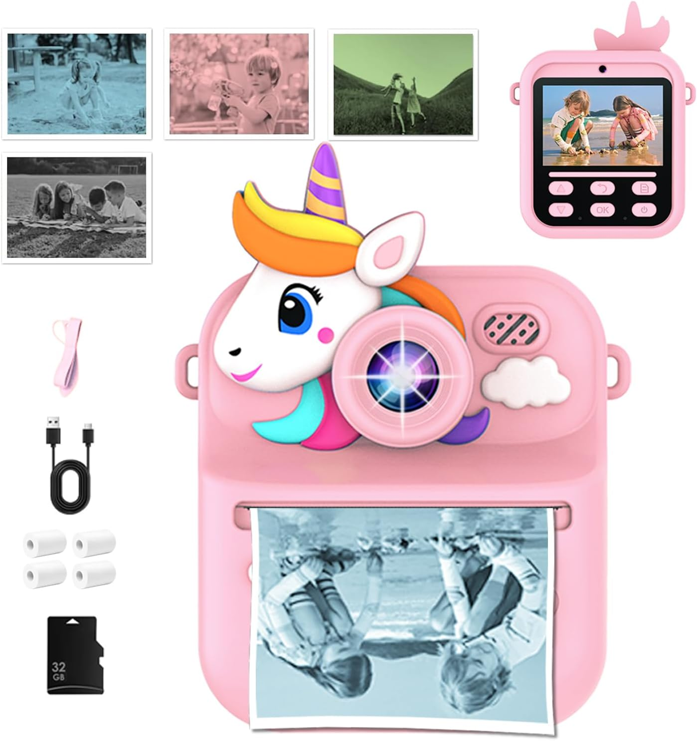 AILRINNI Kids Camera Instant Print 4-Color Print 1080P Kids Digital Camera | for Toddler with 180&deg;Flip | with Protective Case | 32GB Card | 4 Rolls Photo Paper | 4 Color Pens | 5 Games image number 3