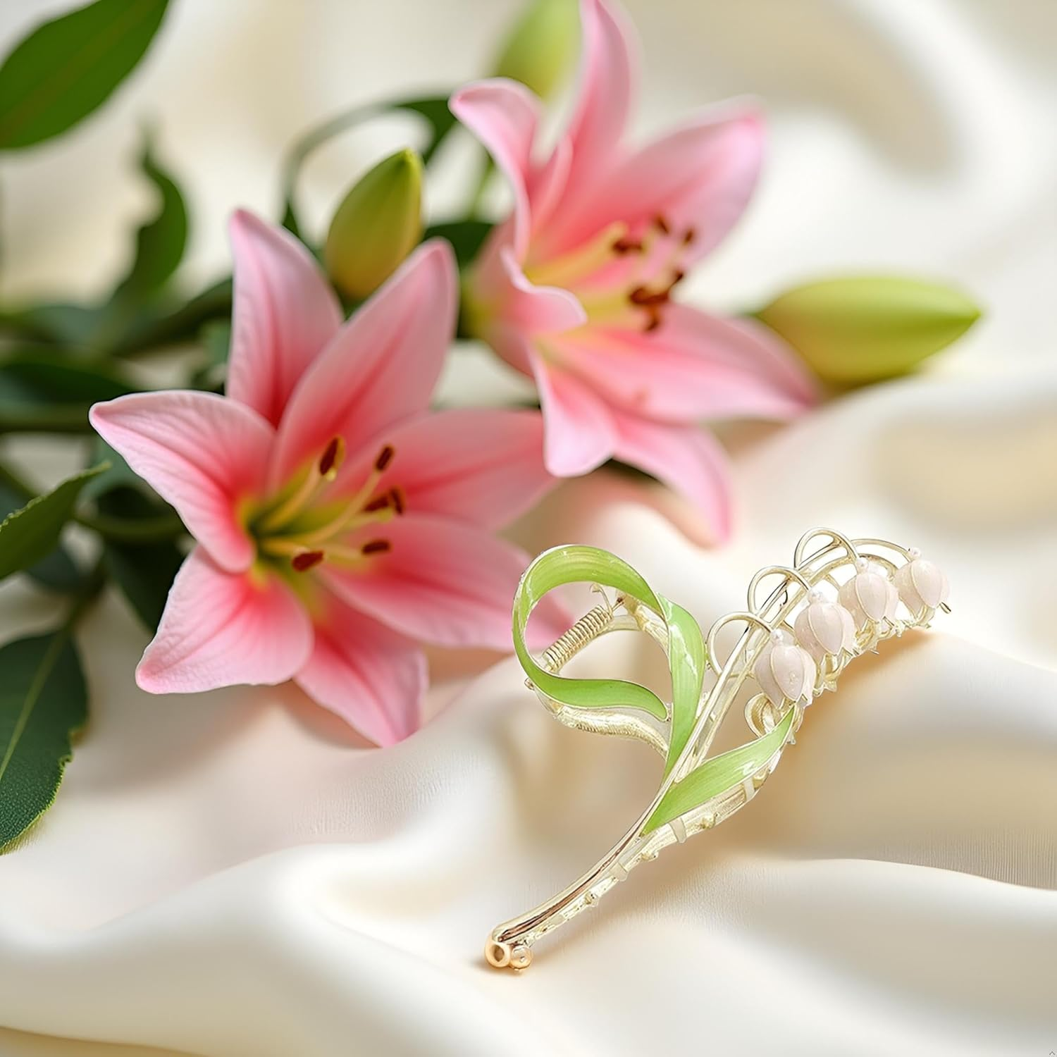 1PC Pink Lily of the Valley Flower Hair Clips, Large Metal Claw Clip,Orchid Clamps,Lily Jaw Clamp Styling Accessories for Thick Thin image number 6