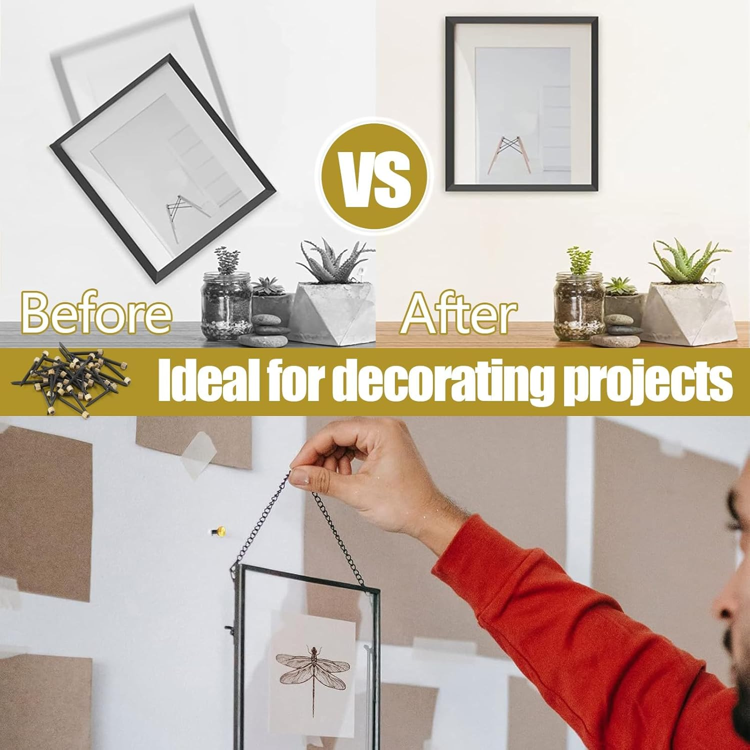 Picture Hanging Nails Kit, 120 Pcs Brass Head Picture Hanging Nails, Wall Decorative Nails for Photo Picture Frame Hanging image number 1