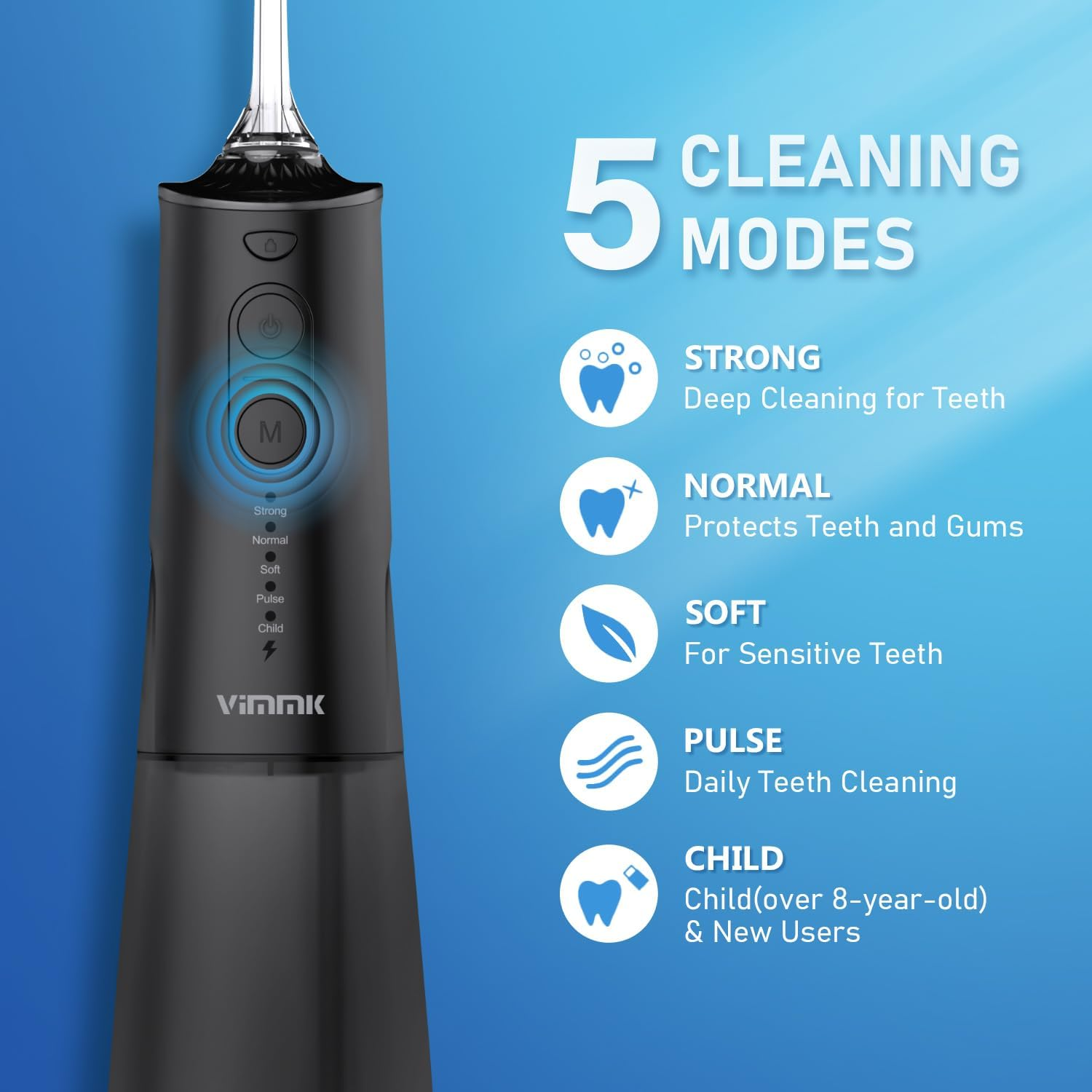 Water Flosser, Vimmk Cordless Oral Irrigator for Teeth, Gum, Braces Deep Cleaning, 8 Tips, 5 Modes, 300ML Rechargeable Water Dental Flosser, IPX7 Waterproof, Portable Design for Home Travel (Black) image number 2