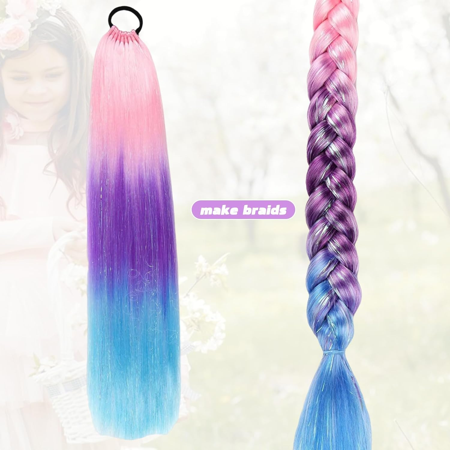 Rainbow Ponytail Extensions with Hairtie - 9 Strands Colored Glitter Hair for Braiding 66Cm Synthetic Crazy Color Hair Accessories for Girls Women Kids Braiding Extensions for Crazy Coiffure (A)