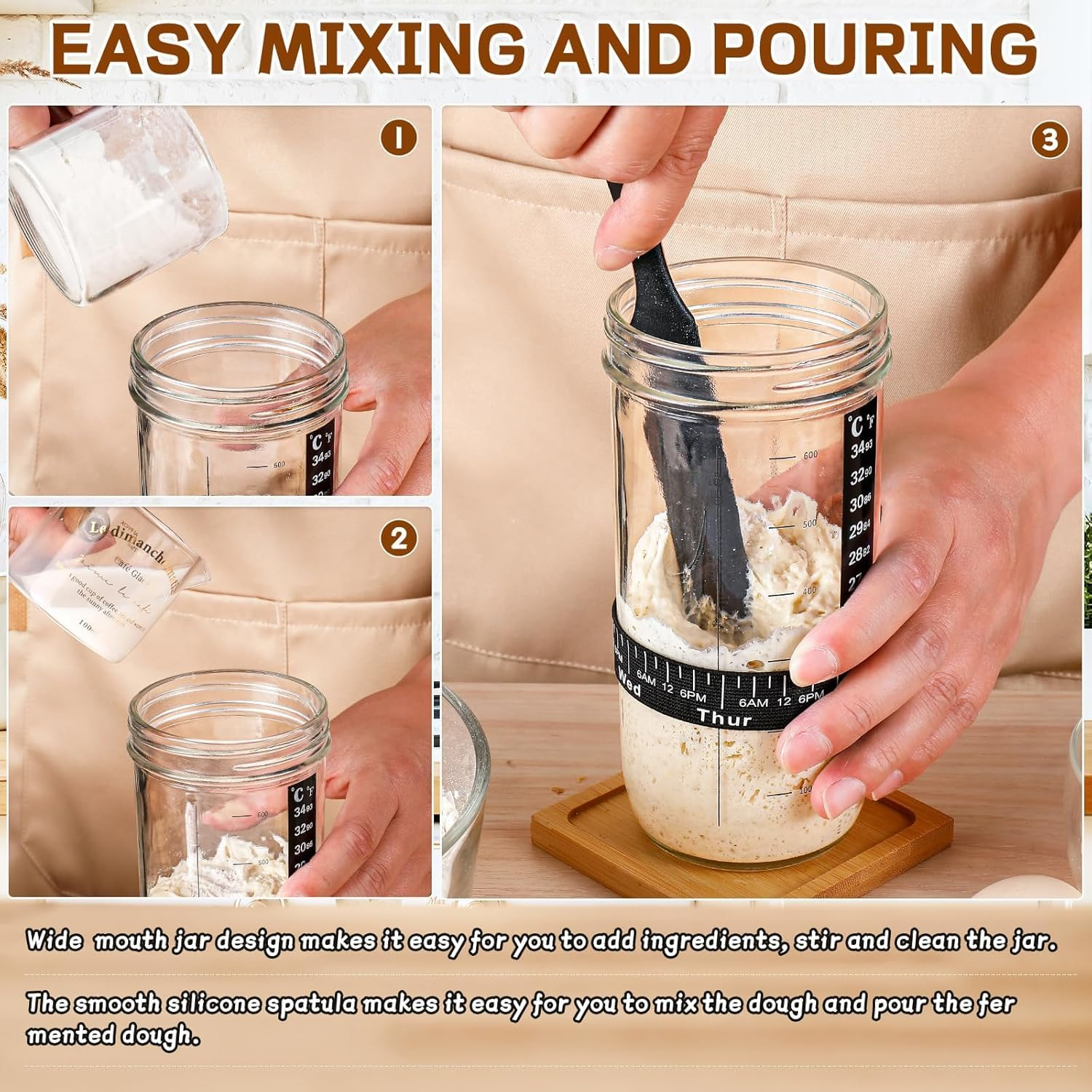 ZDZX 24Oz Sourdough Starter Kit with Date Marked Band - Includes Glass Jar, Thermometer, Silicone Scraper, Cloth Cover & Metal Lid - Baking Supplies for Homemade Sourdough, Family & Beginners image number 5