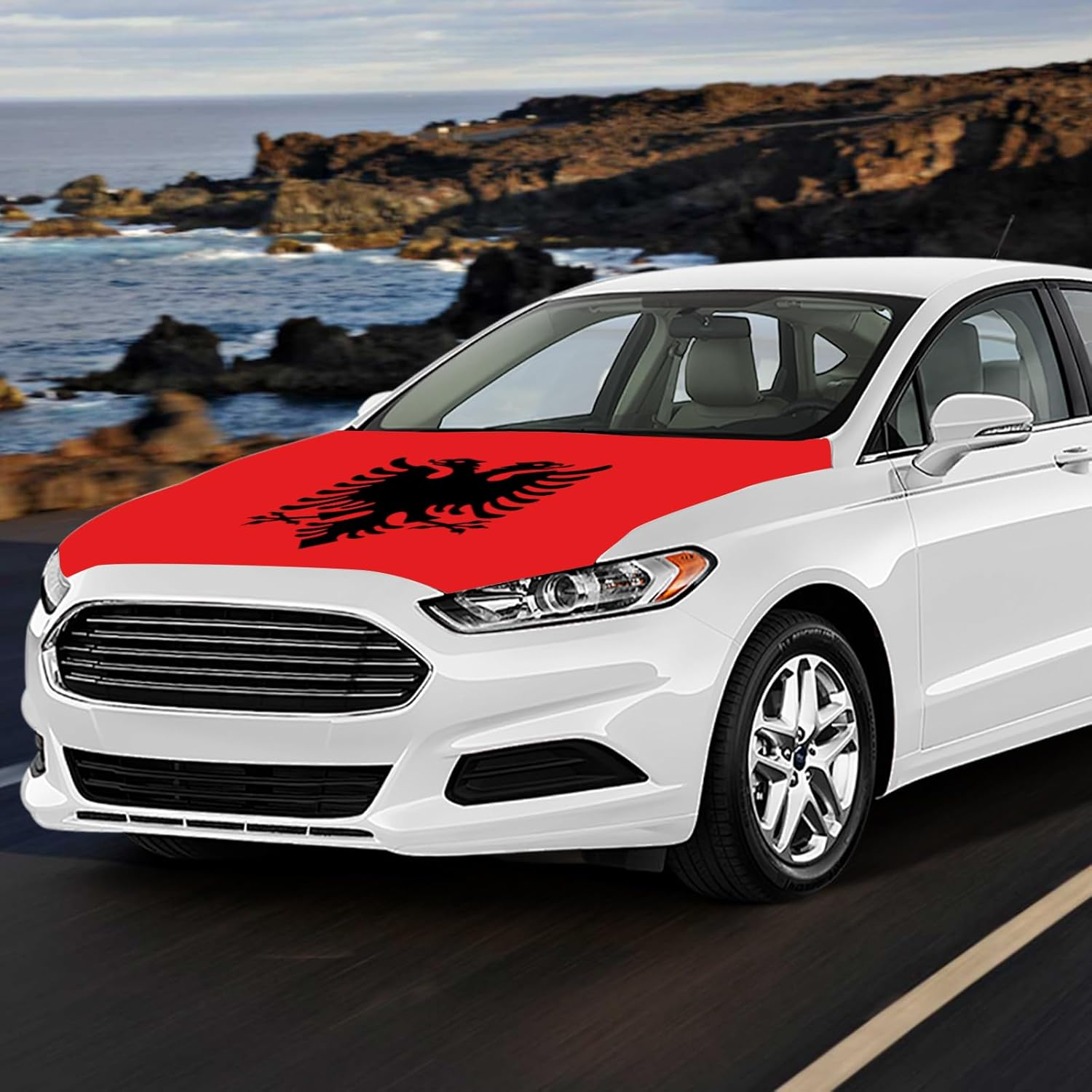 Albania Flag Car Hood Cover 3.5X5Ft Albanian Banner Car Bonnet Banner Elastic Fabrics Windproof Vehicles Decorate Engine Flag Sign image number 2