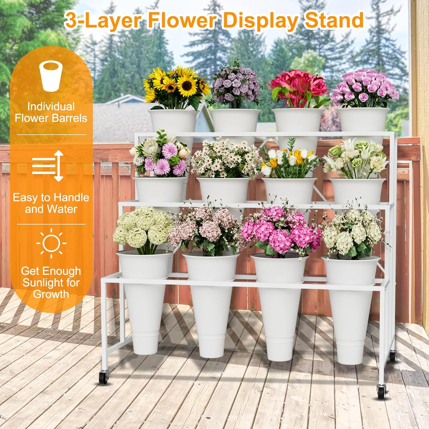 Flower Stand, 3-Tier Display Stand with Buckets for Indoor Outdoor, Flower Cart Display Stand with Wheels for Courtyard, Balcony, Shop, Wedding, Party, Exhibition, White image number 4