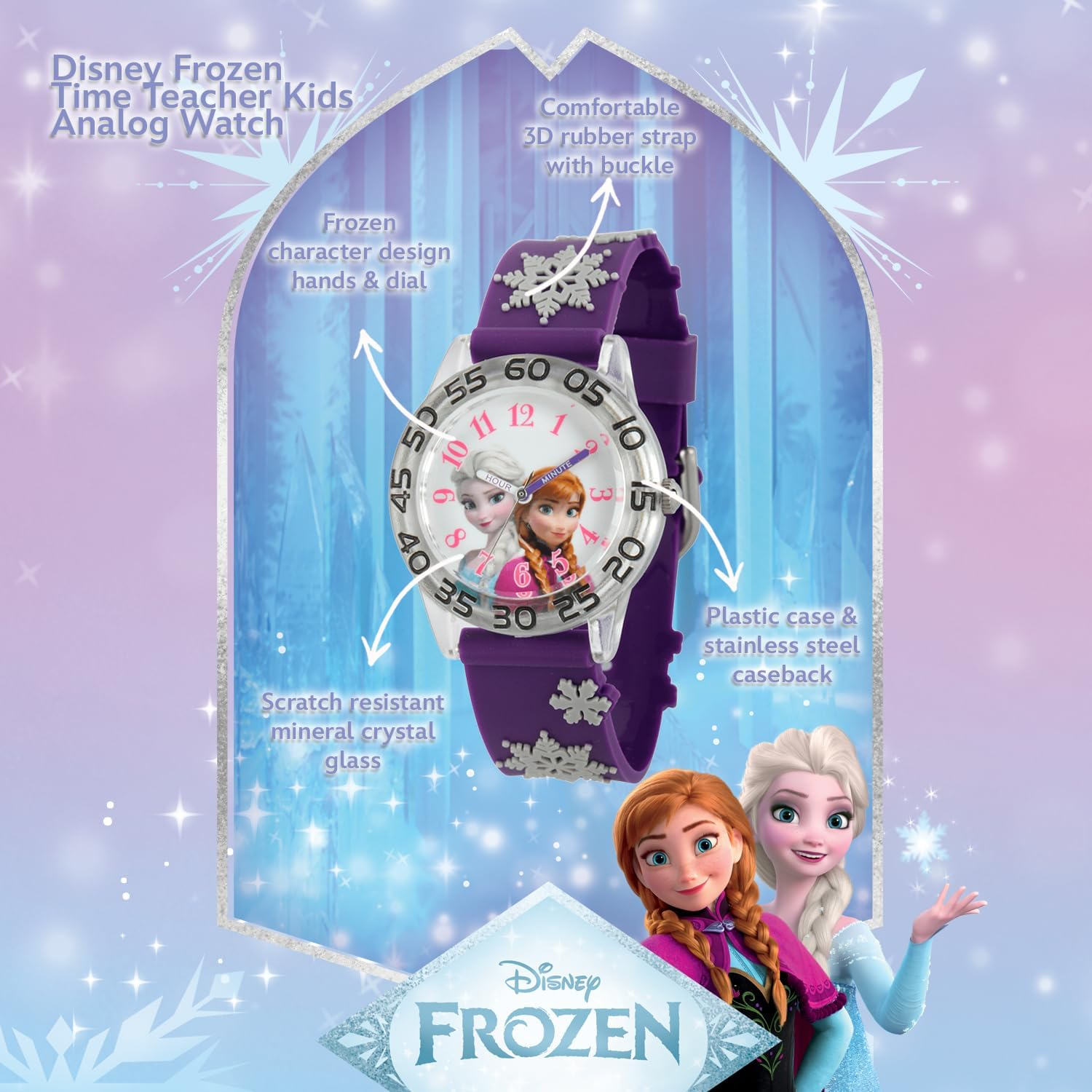 Disney Frozen Kids' Plastic Time Teacher Analog Quartz 3D Strap Watch, Purple, Plastic Kids image number 3