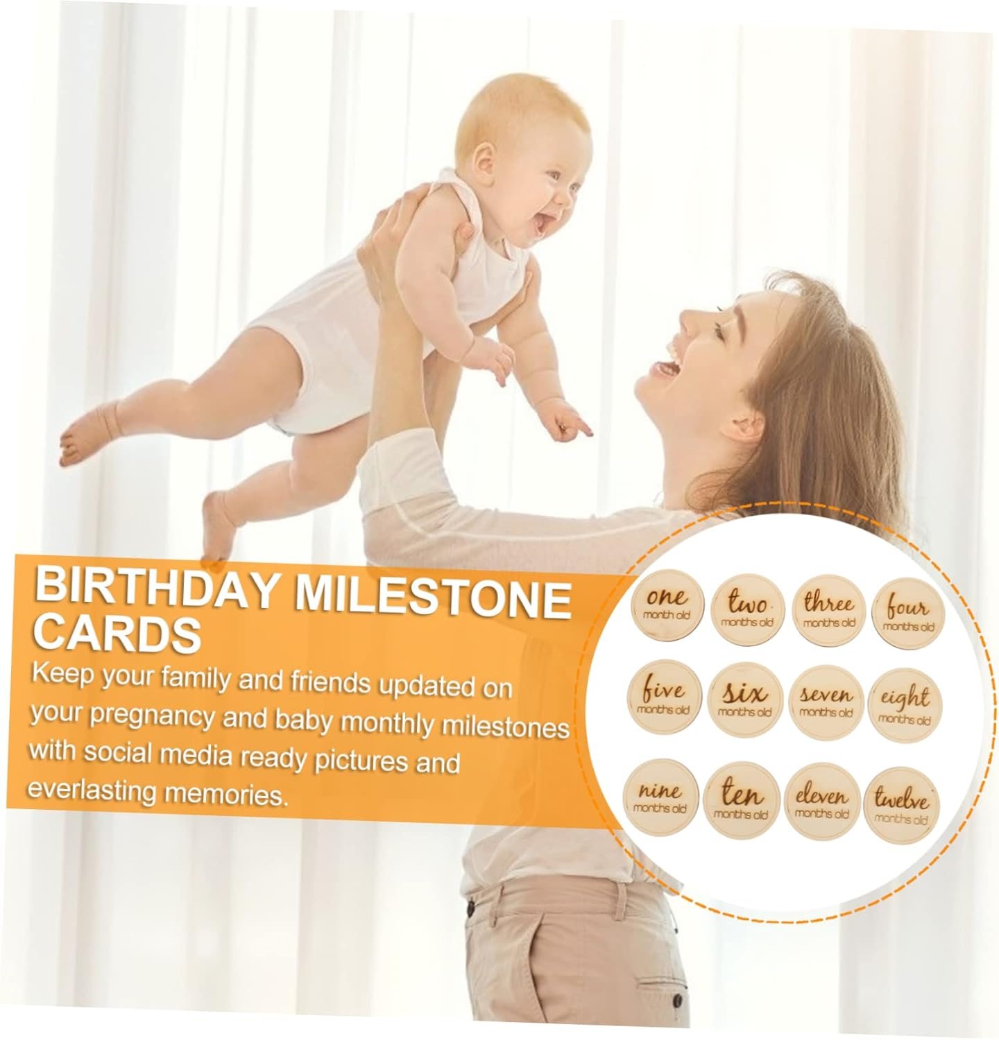 SECFOU 12Pcs Wooden Growth Recording Cards Milestone Photography Props for Newborns for Showers and Monthly Keepsakes image number 3