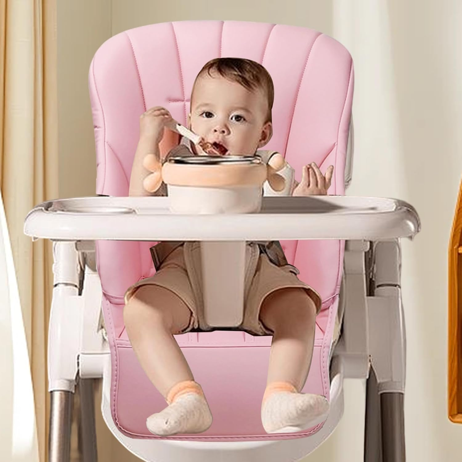 Baby High Chair Leather Cover, Toddler Seat Cushion Pad 31.5X15.75X0.79 Inches, Waterproof Padded Insert, Soft Leather Material, Easy Wipe Clean, for Feeding Chairs