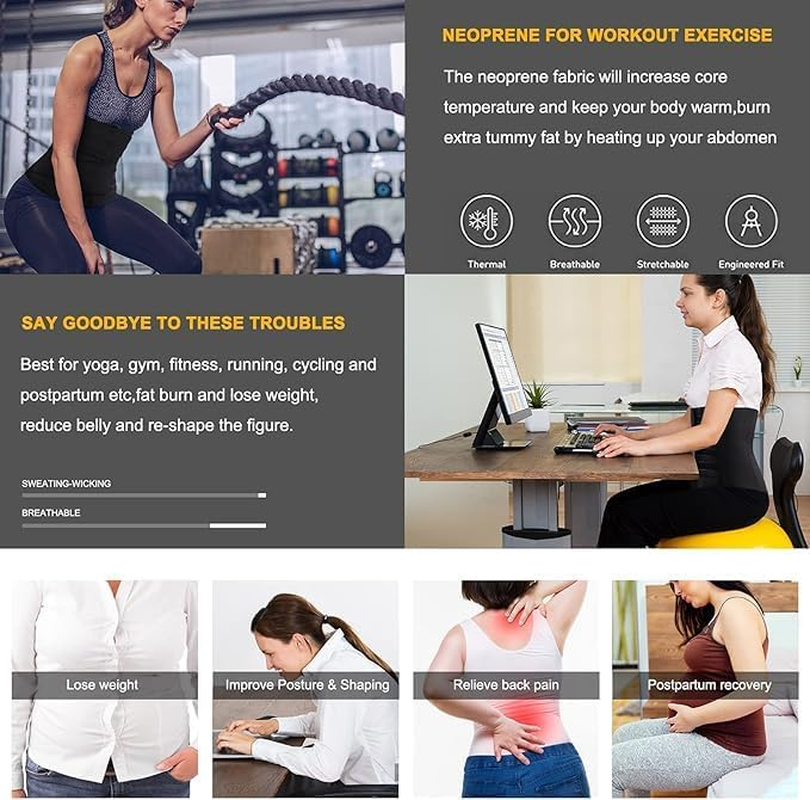 Acemedia Neoprene Sweat Waist Trainer Trimmer Belt for Women Workout Sports Girdle Tummy Control Body Shaper Slim Belly Band Black image number 5