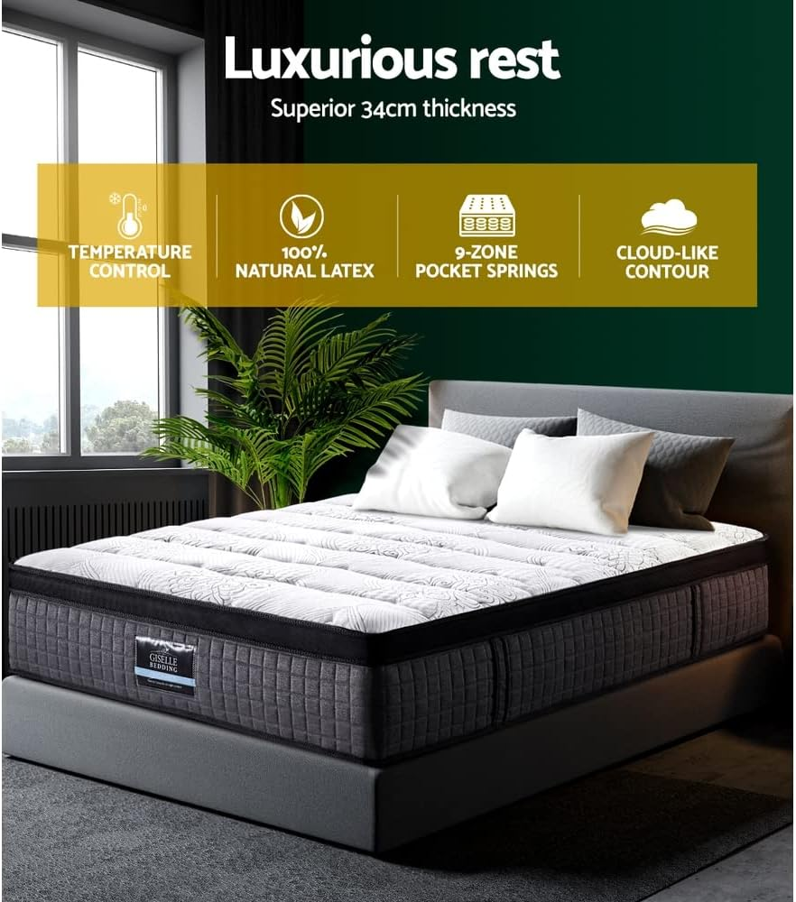 Giselle Bedding King Single Mattress Latex Foam Bed Mattresses 34Cm Thickness, with 9-Zone Pocket Spring System and Breathable Euro Top, 5Yrs Warranty, Medium Firm, White with Vacuum Packed image number 2