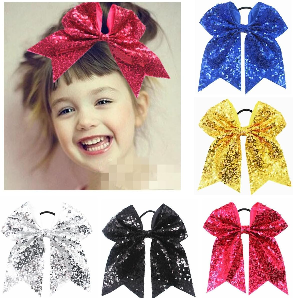 Blausky Pack of 4 Large Bows Hair Bows with Sequins, 18 X 16 Cm, French Bow Scrunchies, Elastic Hair Bows, Glitter Hair Accessories for Women, Party, Christmas, Everyday, Red image number 3