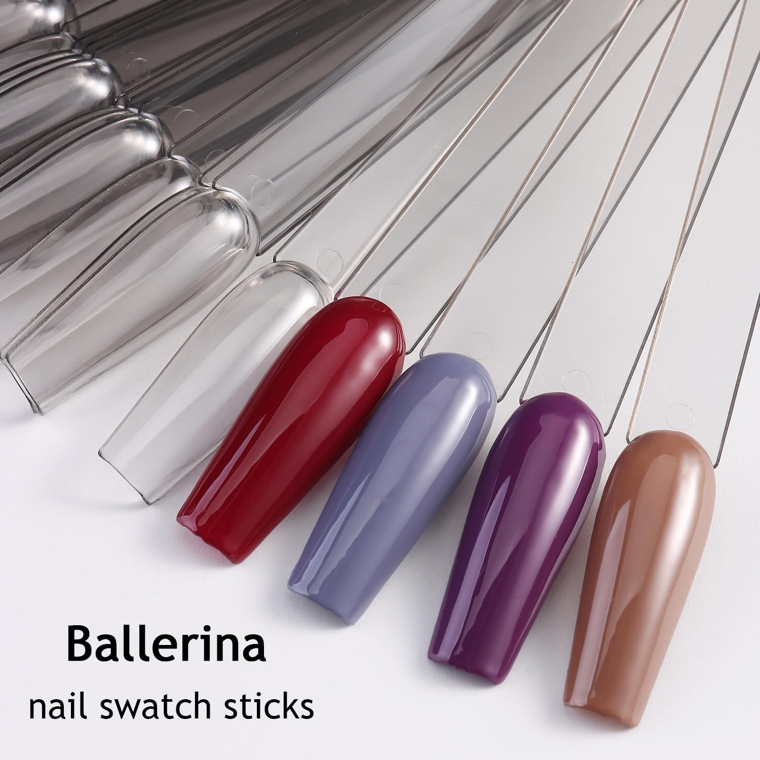 150Pcs Nail Pattern Sticks with Ring Ballerina Square Oval Nail Color Pattern for Nail Display False Nail Sample Sticks Practice Nail Tips Transparent Black Board image number 1