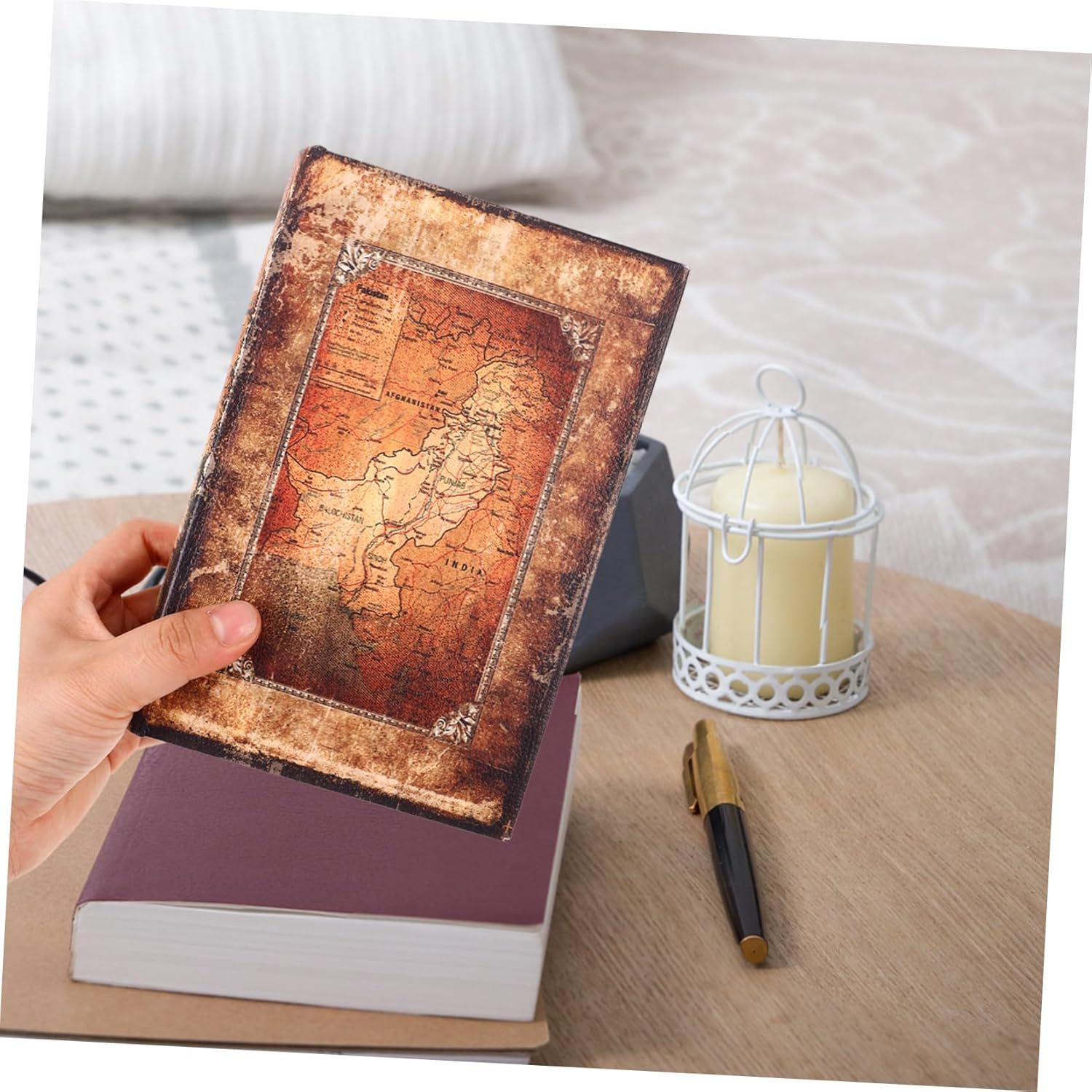 Vintage Book Shaped Storage Box Decorative Fake Book Box Key Hiding Trinket Case Small Retro Nautical Map Design Suitable for Home and Travel