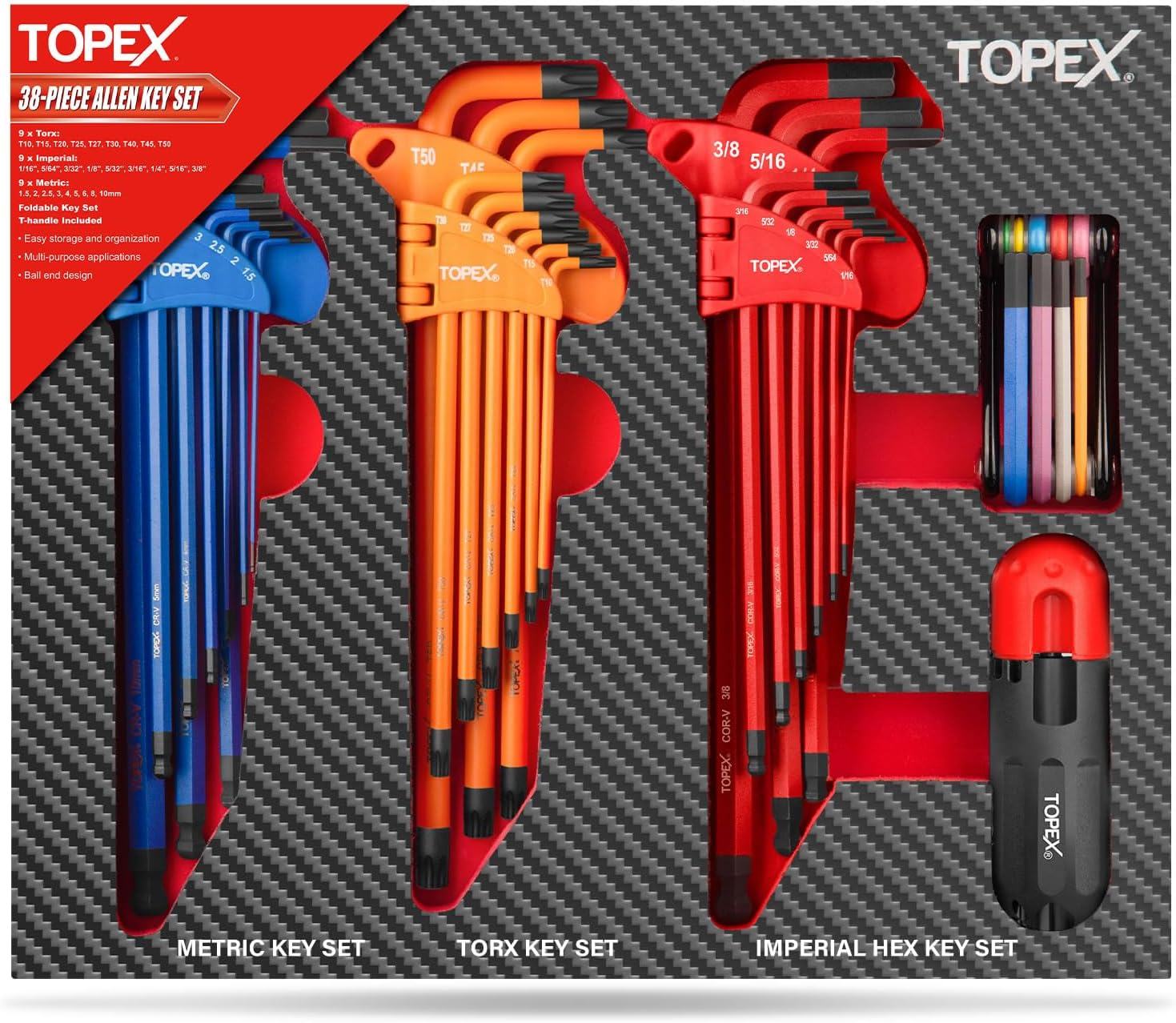 TOPEX 38Pcs Allen Key Set Multicolor Hex Key Allen Wrench Ball End Folding Hex Key Ball End Torx & Metric & Imperial Size for DIY Automotive Mechanic Home Use image number 5